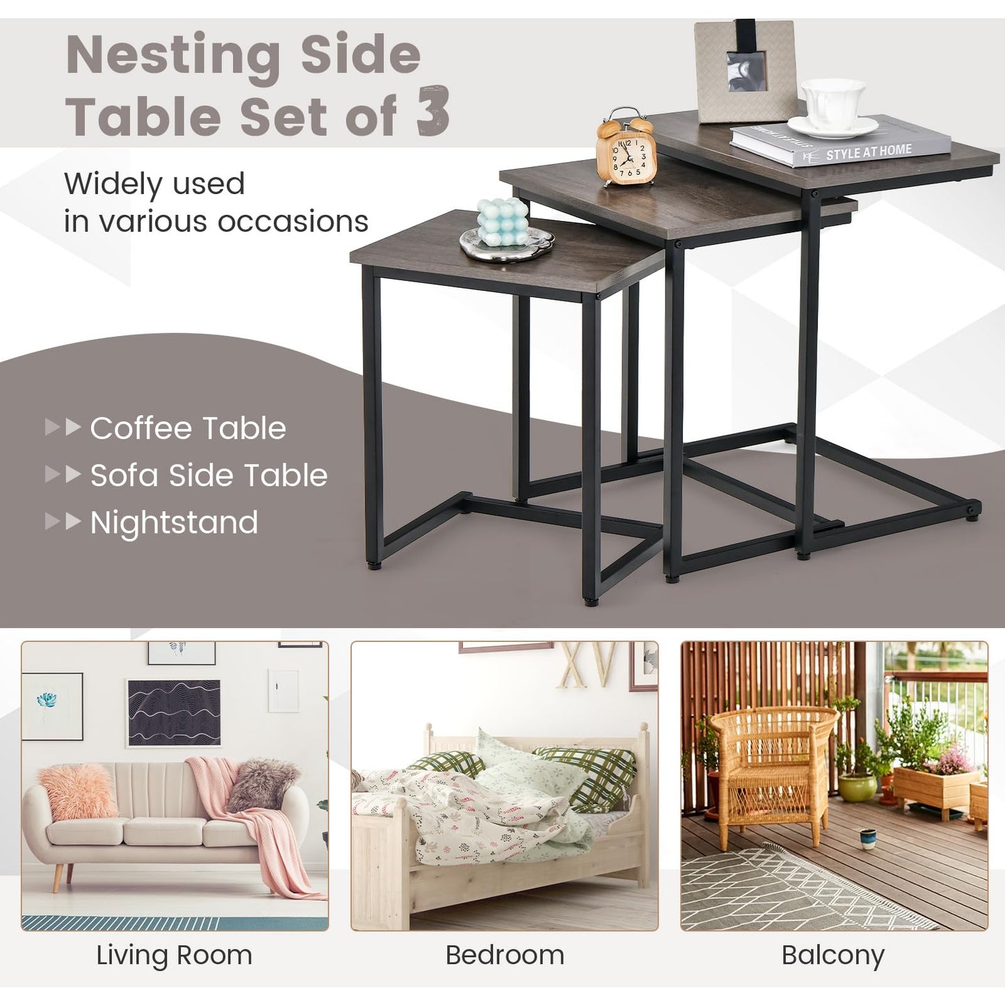 Tangkula Nesting Table Set of 3, Rectangle Stacking Side End Table w/Wood Top & Metal Legs, Adjustable Foot Pads, C-Shaped Accent Coffee Tables for Small Spaces, Living Room (C-Shaped, Gray, 3-pc)