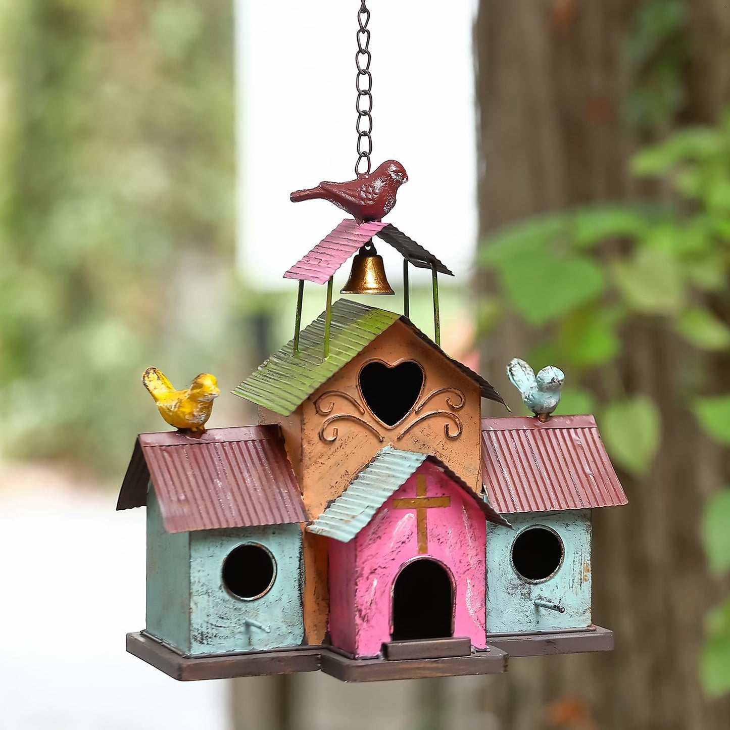 MOCOME Large Bird Houses for Outside Hanging, 4 Hole Outdoor Bird House with Bell, Easy Clear, Colorful Metal Bird Houses for Outside.