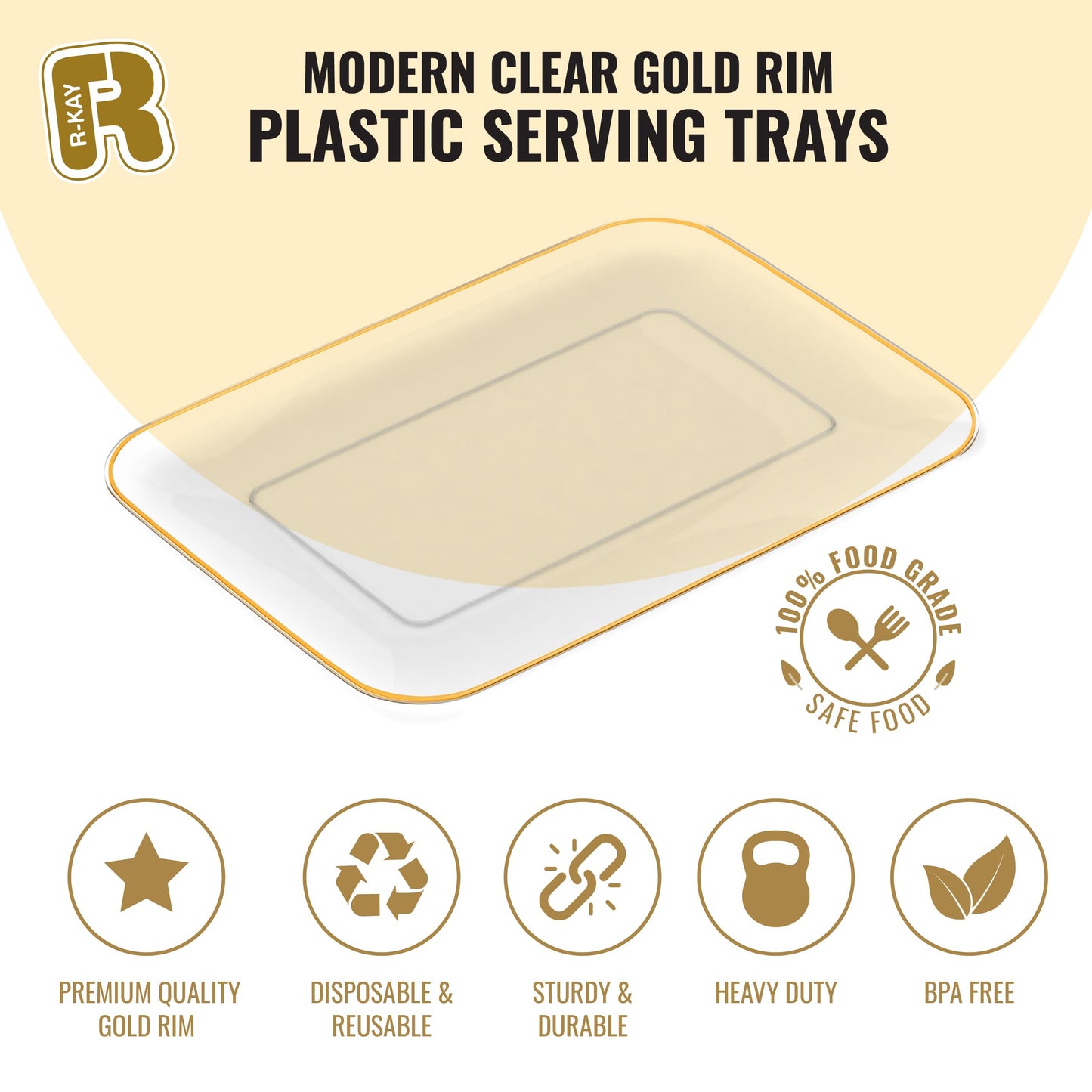 3 Pack Plastic Serving Trays for Party - Gold Serving Tray 8 x 11 Inch - Heavy Duty Dessert Trays for Food - Rectangular Party Serving Trays for Entertaining - Clear Cookie Platters