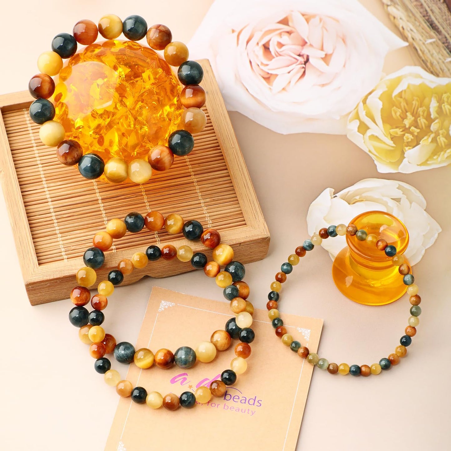 AD Beads 6mm Handmade Golden Colorful Tiger Eye Elastic Bracelet – Natural Gemstone for Warmth and power – Meditation, Yoga, Healing and Energy Gift for Men Women