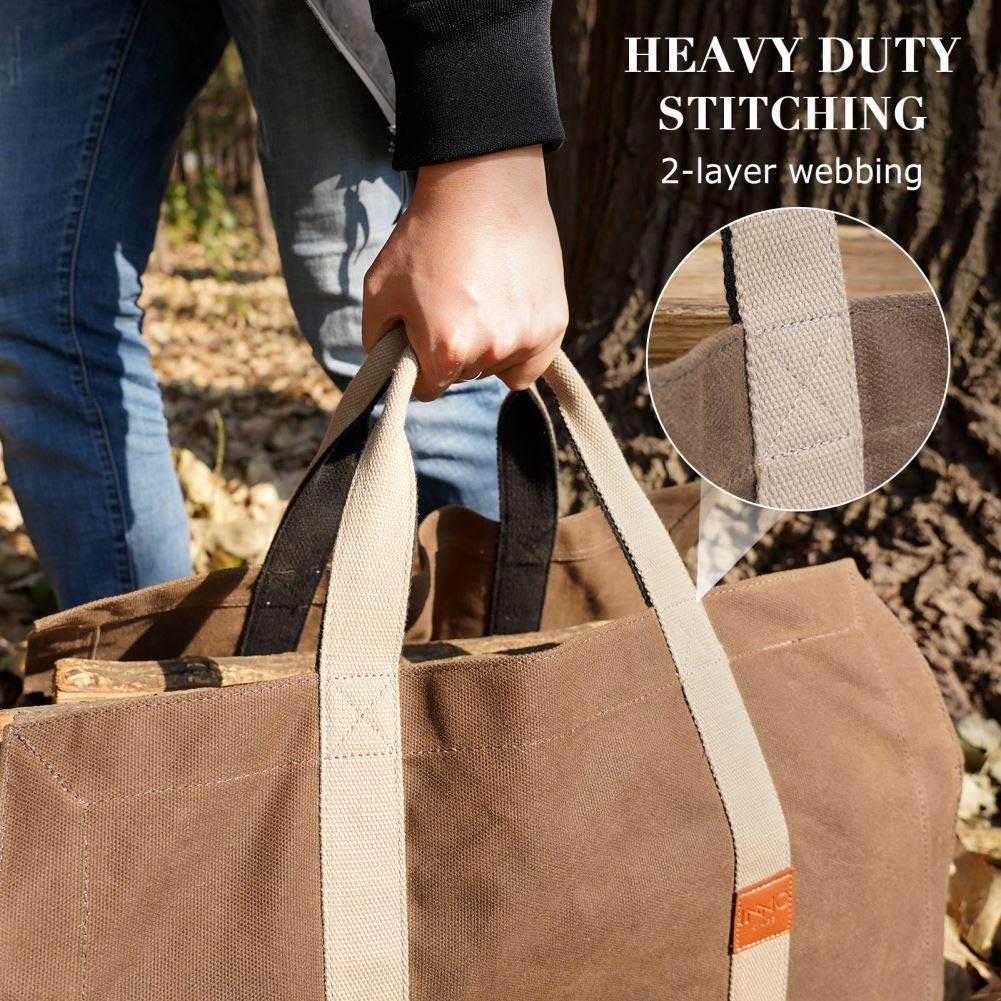INNO STAGE Free-Standing Firewood Log Carrier Bag - 22 oz Thickened Waxed Canvas Fire Wood Holder Tote with Adjustable Shoulder Strap and Soft Handles for Camping or BBQ Barbecue Dark Khaki