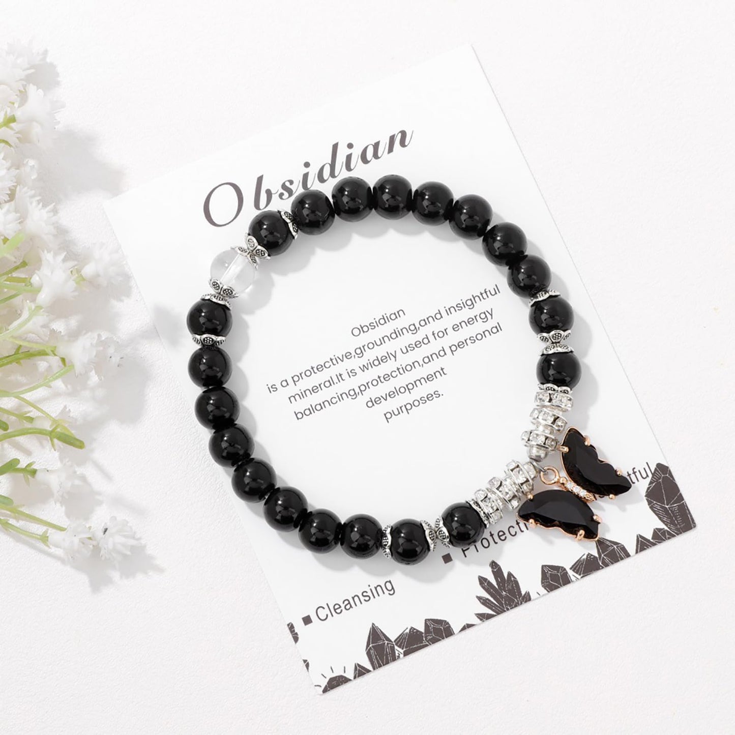 Black Tourmaline Bracelet for Women 8mm Adjustable Butterfly Charm Bracelet Black Crystal Bracelet Obsidian Bracelet Black Onyx Bracelet Black Obsidian Jewelry for Women