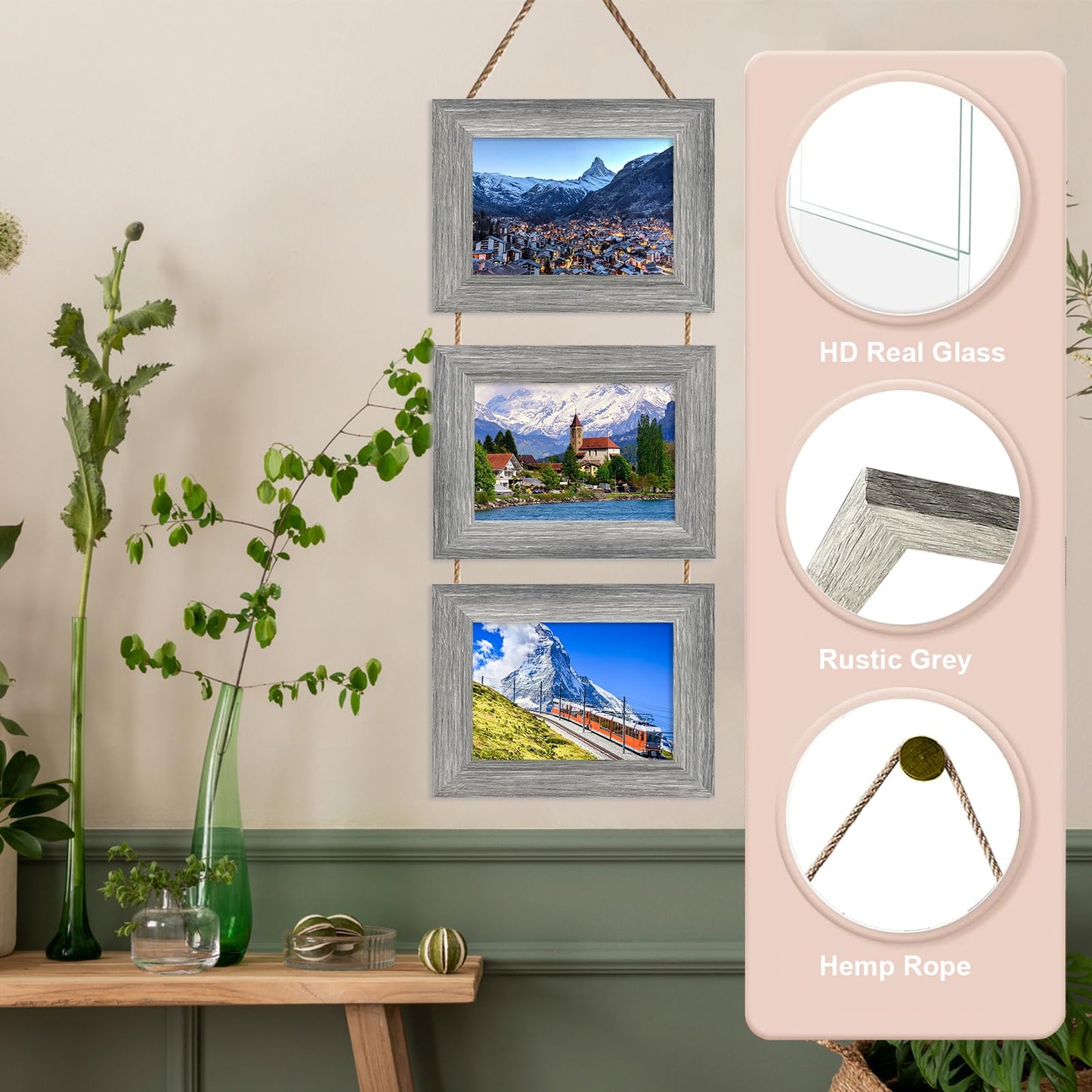 Rexllon 4x6 Picture Frames Collage Wall Decor, Wall Hanging Picture Frames Collage with 3 Opening, Photo Frame for Family Friends Kids Distressed Grey Frames