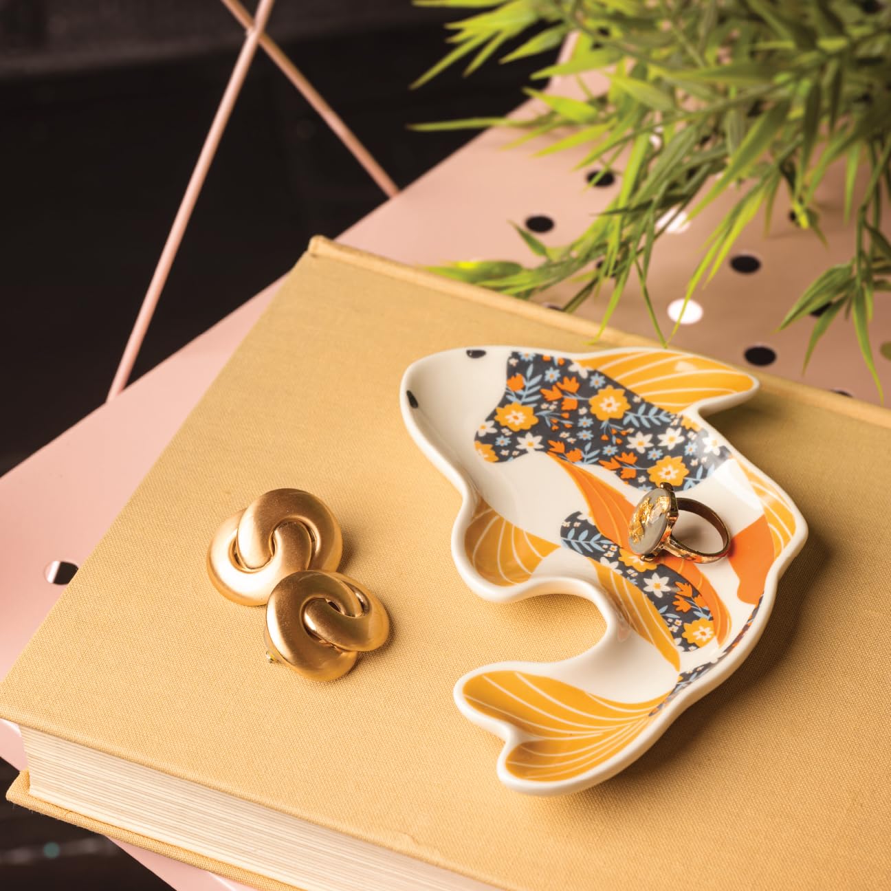 Karma, Calico Trinket Tray, Ceramic Jewelry Dish, Shaped Trinket Tray, Decorative Ceramic Trinket Dish for Rings, Koi Fish