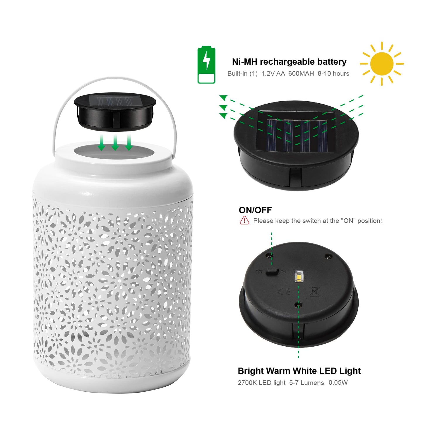 Glitzhome Solar Lantern White Metal Cutout Flower Outdoor Hanging Solar Light with Handle for Garden Patio Yard Outdoor Decor
