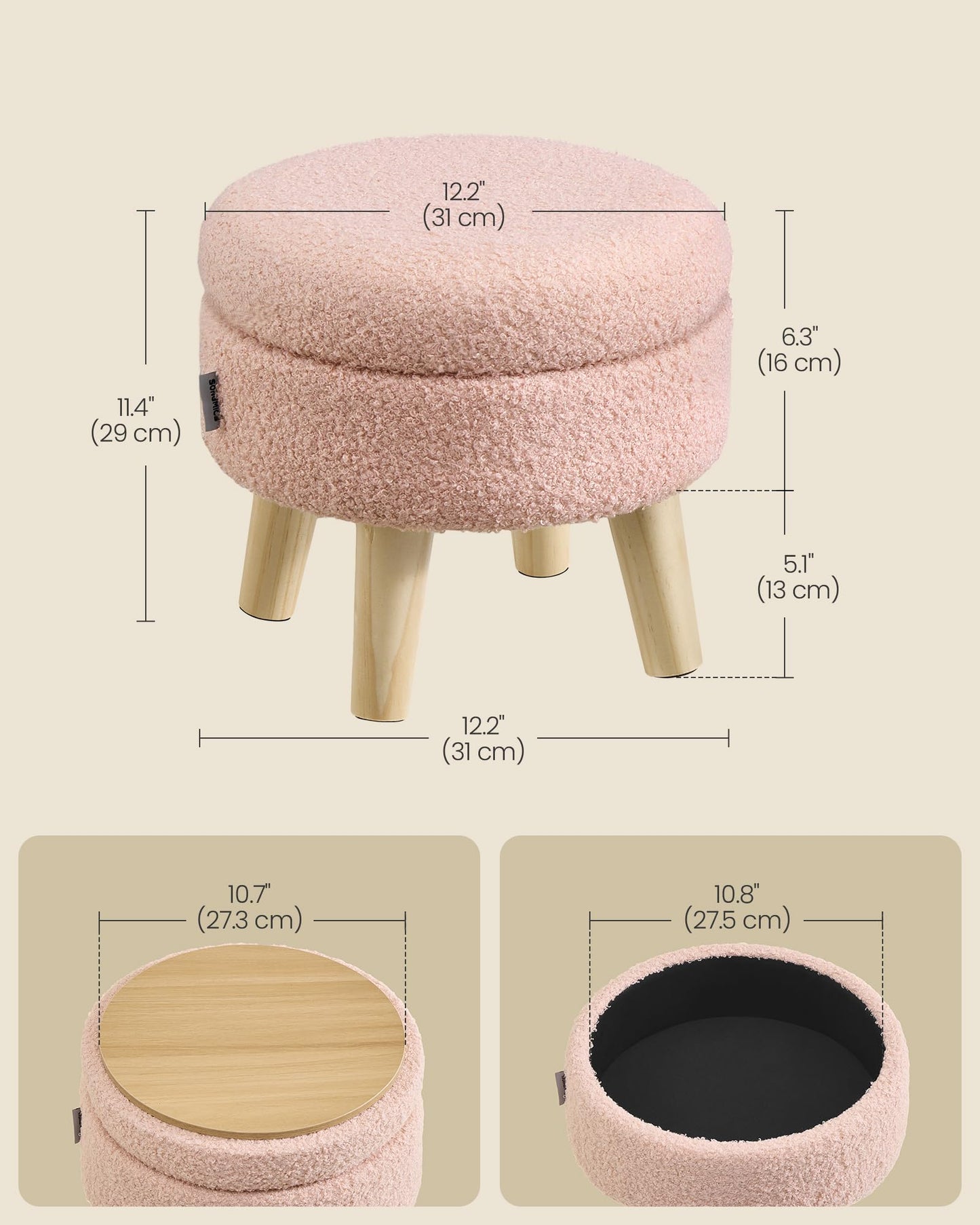 SONGMICS Storage Ottoman, Foot Stool, Round Ottoman with Padded Seat, Foot Rest with Wood Legs, Small Table, for Hallway, Living Room, 12.2 Inches, Teddy Fleece, Jelly Pink ULOM515SA01