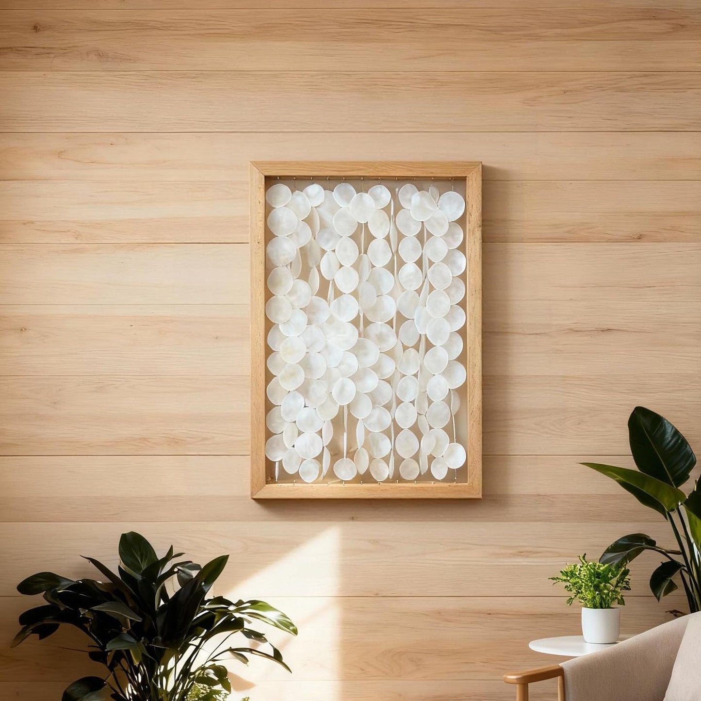 Vechor Handmade 24"x15.7" Capiz Shell Wall Art, Coastal Beach Décor，Solid Wood Frame, Natural White Seashell Hanging for Living Room, Bedroom, Office
