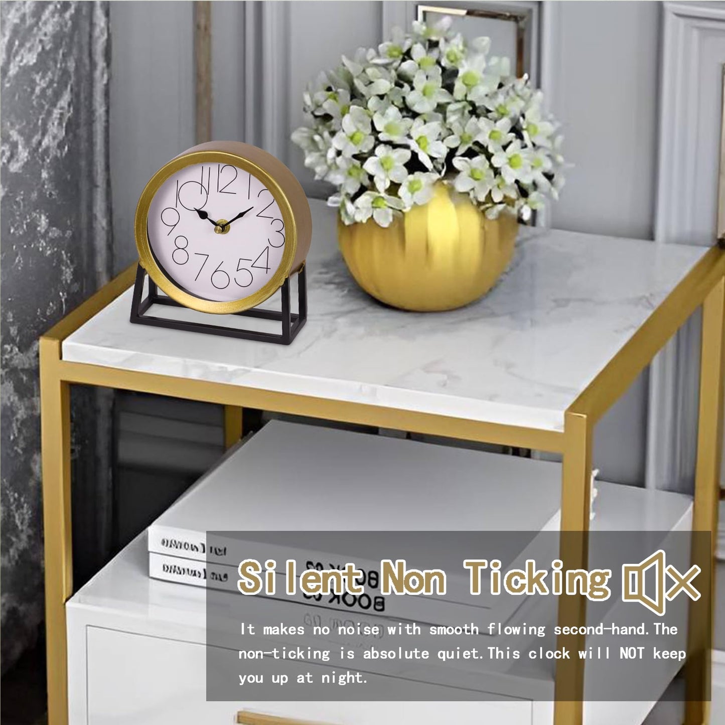 VinSees Modern Golden Table Clock on Stand, Decorative Desk and Shelf Clock, Mantel Clock Farmhouse Clock Non-Ticking, Home Décor for Living Room, Bedroom, Bedside, Desk, Gift Clock (Gold)