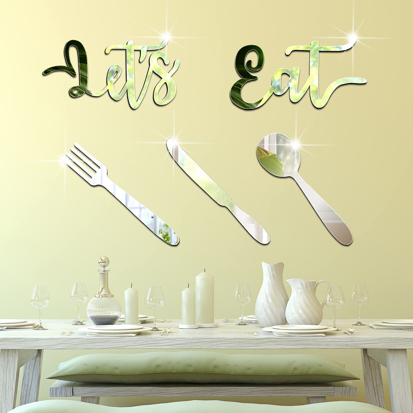 4 Pcs Let's Eat Sign Kitchen Wall Decor Acrylic 3D Mirror Wall Sticker Fork Spoon Knife Eat Sign Cutout Kitchen Decal Decoration Removable DIY for Restaurant Dining(Elegant Style)