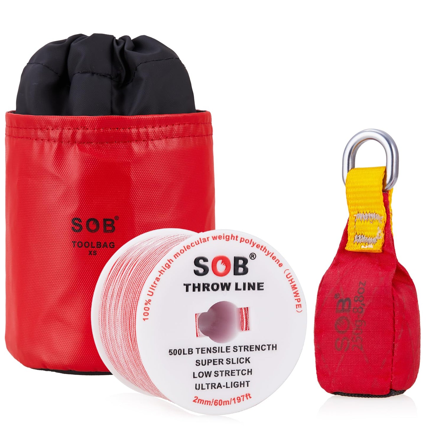 SOB Arborist Throw Line Kit with Slick Rope 197FT, Throw Weight, Reflective Storage Bag, Suit for Tree Cutting,Camping, Trimming, Hanging Swing ﻿ (197FT Rope with 8.8Oz Throw Bag)