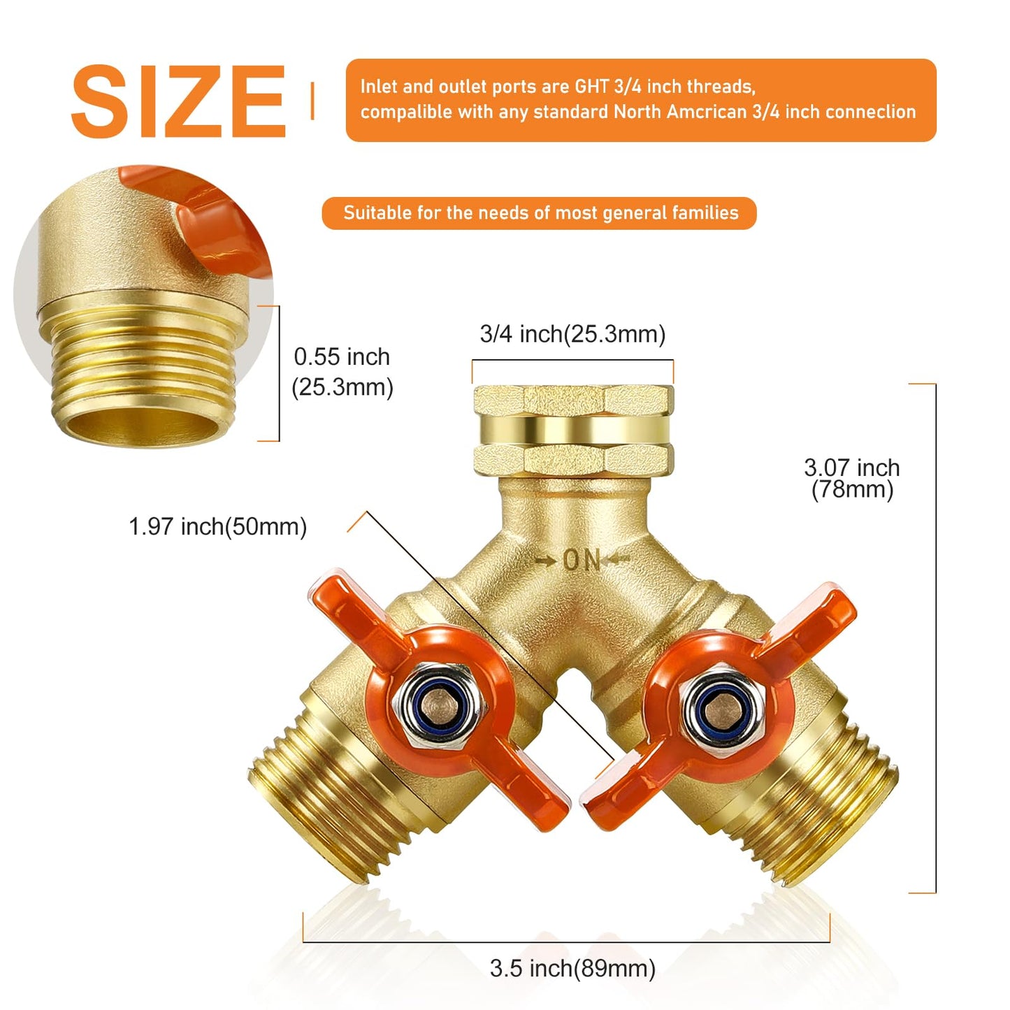 IPOW Upgrade Full Flow Garden Hose Splitter with Stainless Steel Handle, Brass Heavy Duty 2 Way Y Valve Garden Hose Splitter High Flow Spigot Splitter + 6 Rubber Hose Washers with Comfort Grip Use
