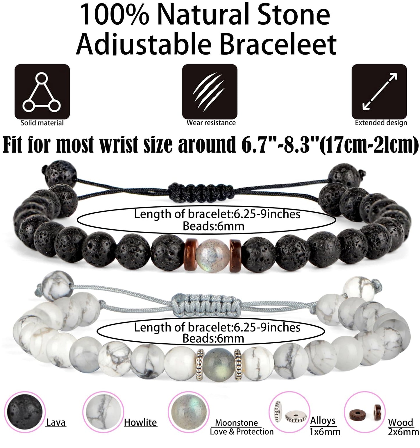 QOGIR Matching Couples Bracelets Natural White Howlite Black Lava Adjustable String Bracelet