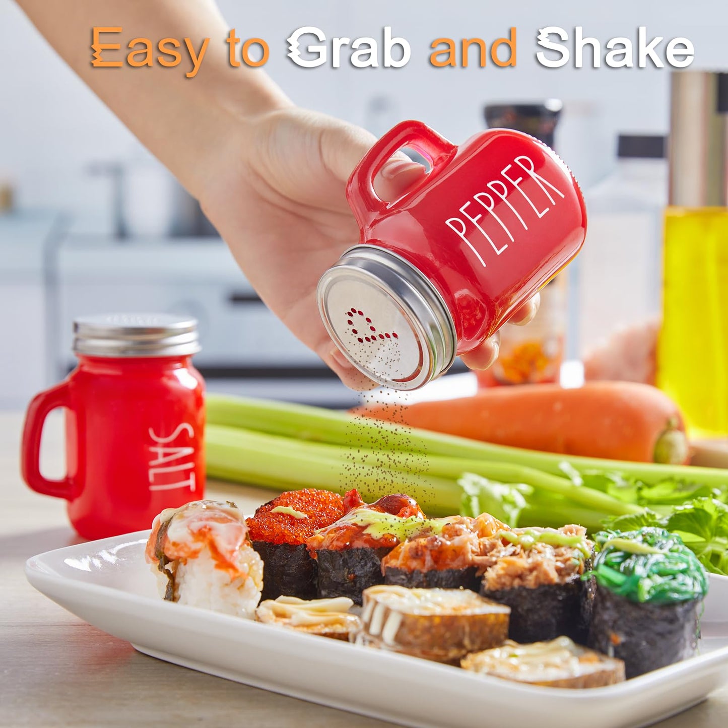 Red Salt and Pepper Shakers Set, ZOSUJO 4 oz Cute Modern Glass Christmas Red Shaker Sets with Stainless Steel Lids, Red Kitchen Decor and Accessories for Home Restaurants Weddings
