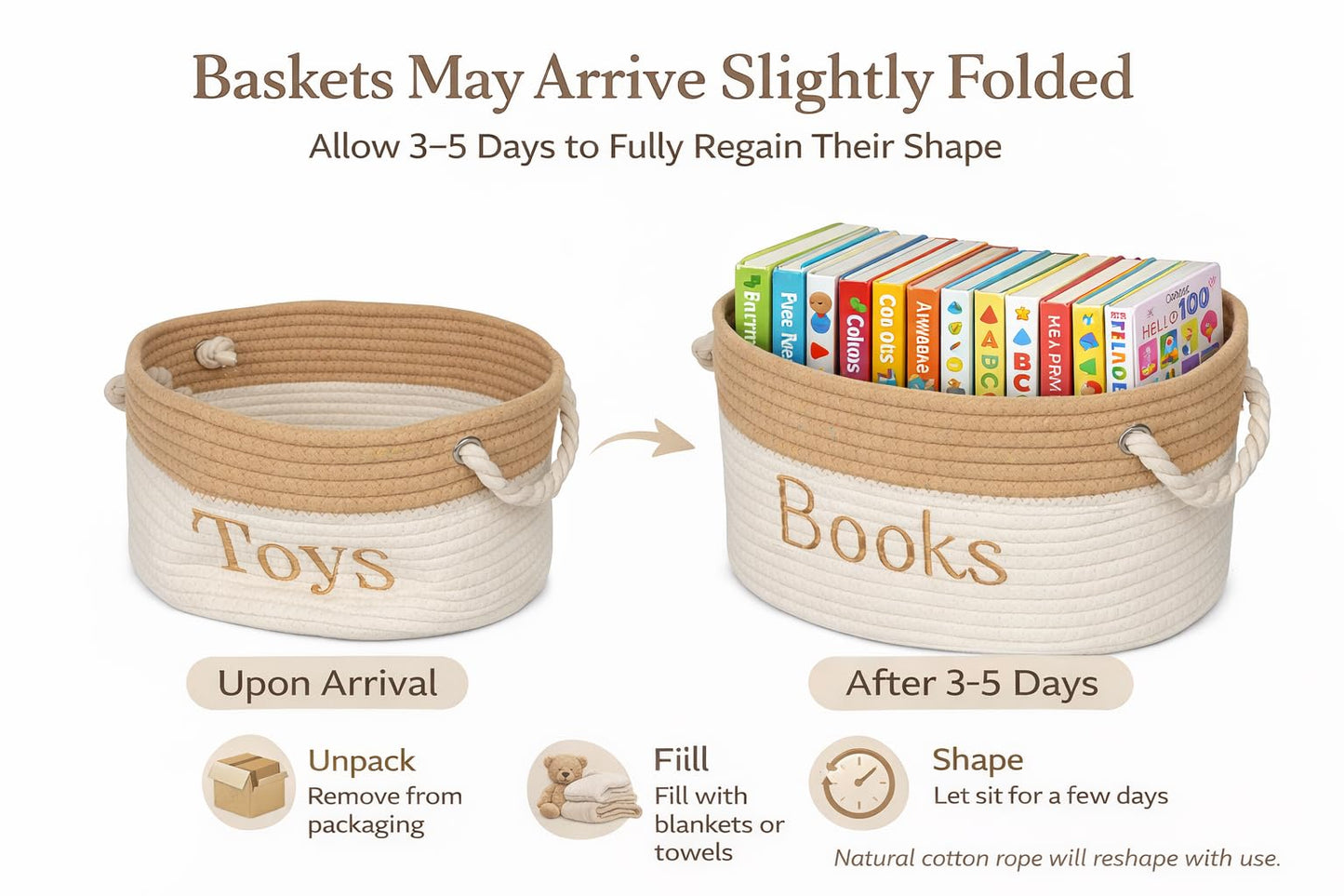 Rope Storage Basket - 15 x 11 x 9 Book Storage Bin - Embroidered Storage Bins - Tote Bin for Nursery, Playroom, Living Room, Classroom (Book Bin)