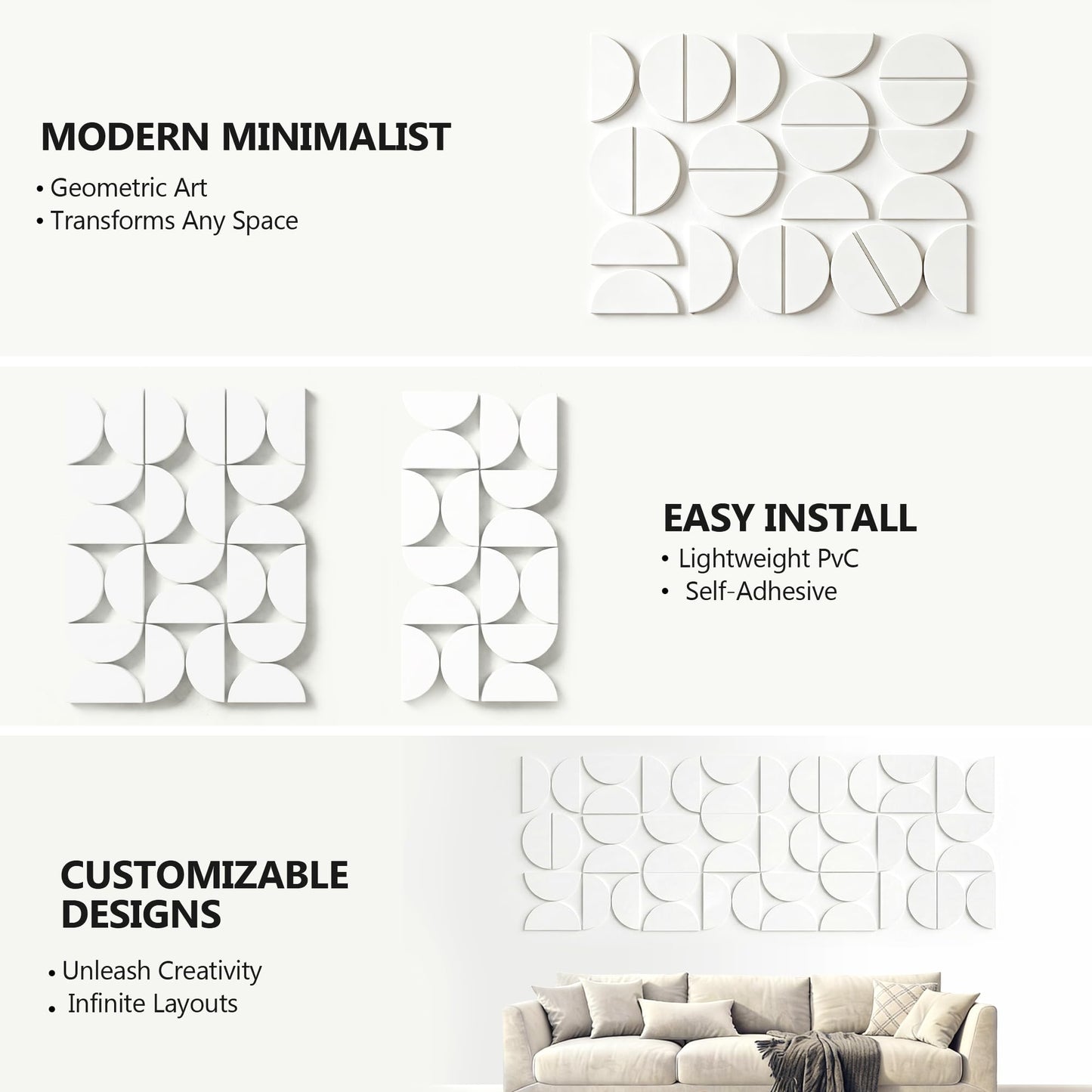 Half Circles 3D Wall Panels, Wall Decor Accents, Geometric Art, Large Wall Art, Landscape Home Decoration Modern and Minimalist For living Room,Bedroom, Office-24-Pack Panel Kit (White-24 PACK)