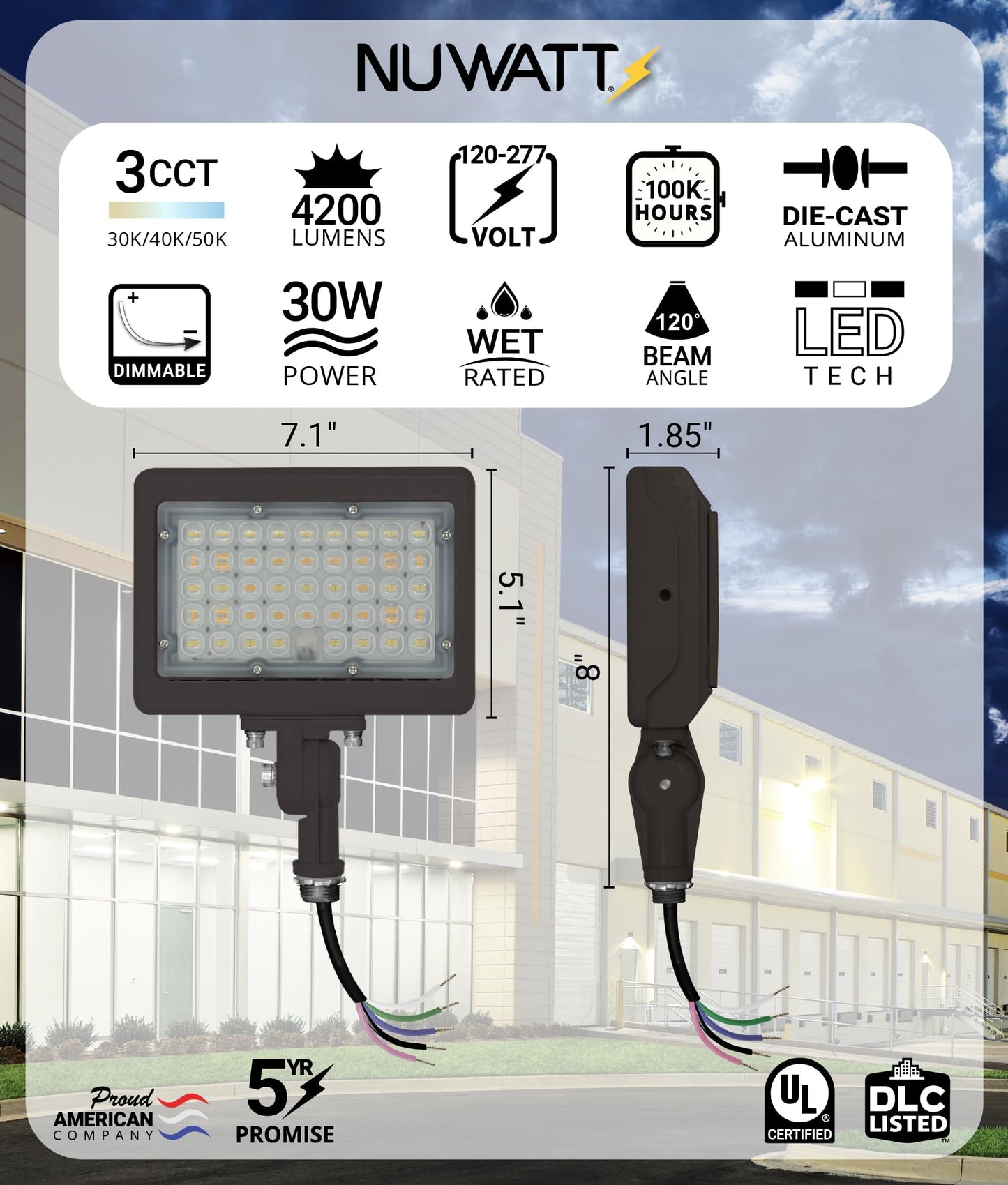 NUWATT 30W LED Flood Light, 3CCT 3000K/4000K/5000K Selectable, IP65 Waterproof Lighting, Adjustable Knuckle Mount, 4200LM, 0-10V Dimmable, 120-277V, Outdoor Security Floodlight for Yard, Bronze, UL
