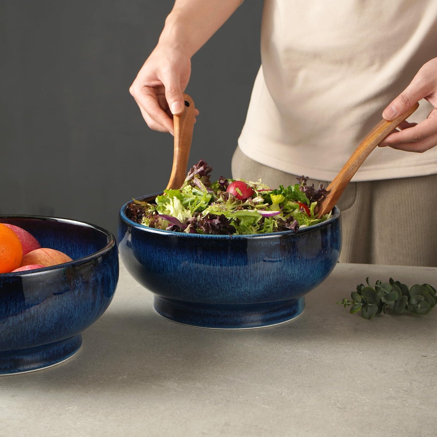 STE-CER Extra Large Salad Bowl,Decorative Fruit Bowl,Kitchen Ceramic Bowl for Fruit & Salad,120 oz Footed Serving Bowl for Entertaining (starry blue)