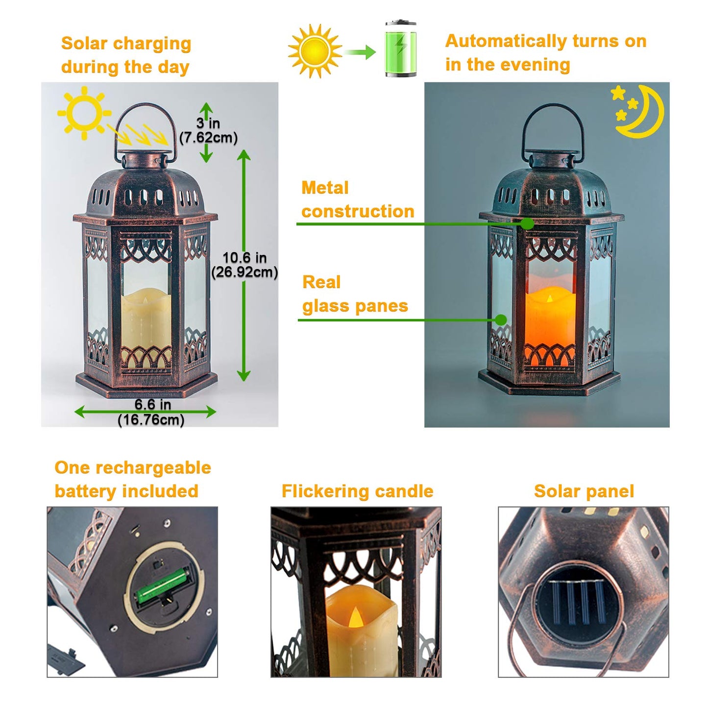 SteadyDoggie Solar Lanterns 2 Pack Bronze - Retro Ornate Hanging Lantern with Handle, Outdoor Lantern with Flickering Candle LED, 6.60 x 6.60 x 10.60 in