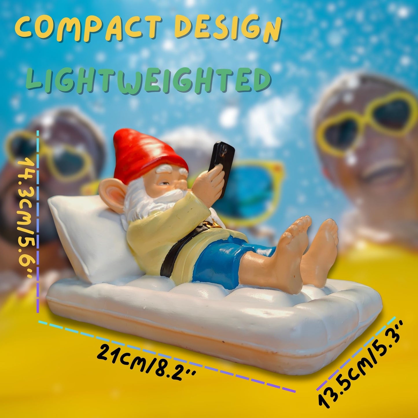 GIOMLE Relaxing Pool Gnome with Smartphone - 5.6" Heavy Resin Garden Statue - Weather-Resistant Funny Lawn Ornament - Summer Patio Decor - Unique Housewarming Gift