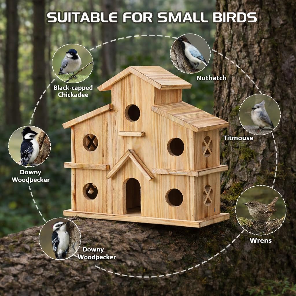 Bird Houses for Outside, Wooden 6 Hole Birdhouse Room for 6 Birds Families, Bluebird Finch Outdoor Hanging Bird House for Garden Backyard Patio