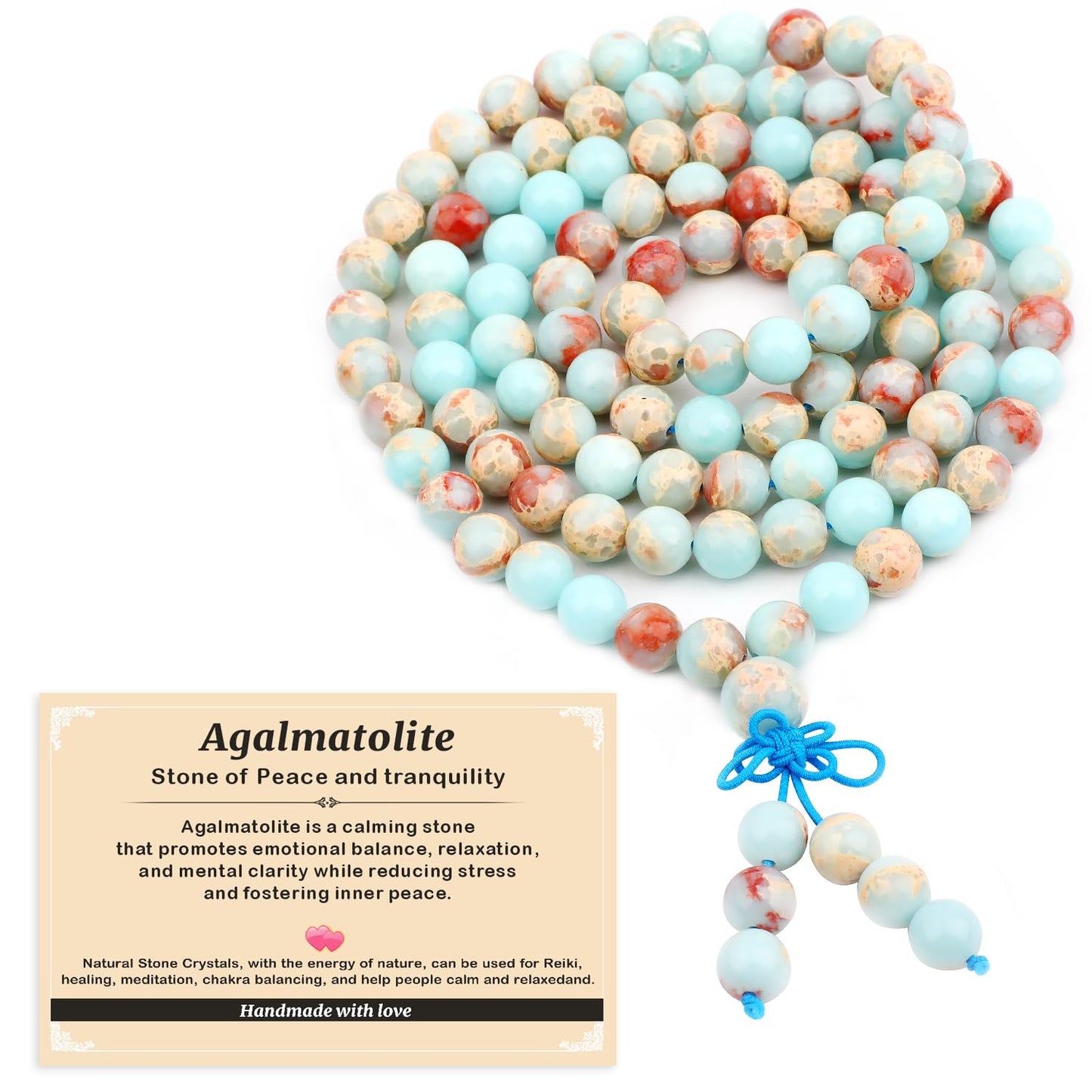 AD Beads 8mm 108 Prayer Mala Agalmatolite Elastic Bracelet - Peace and Tranquility - Handmade Yoga Meditation Healing Power Energy Gifts for Unisex Adult.