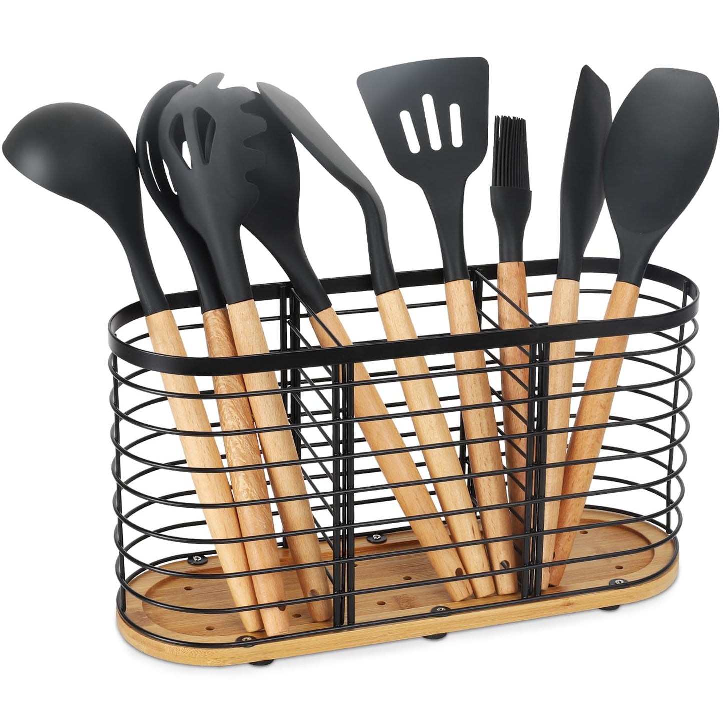 witarten Utensil holder for Kitchen Counter- Large Utensils Holder For Farmhouse Cooking 13.5" x 4.3" x 6.9" with Wooden Base Matte Black Cooking Utensil Holder Spatula Holder Utensil Caddy