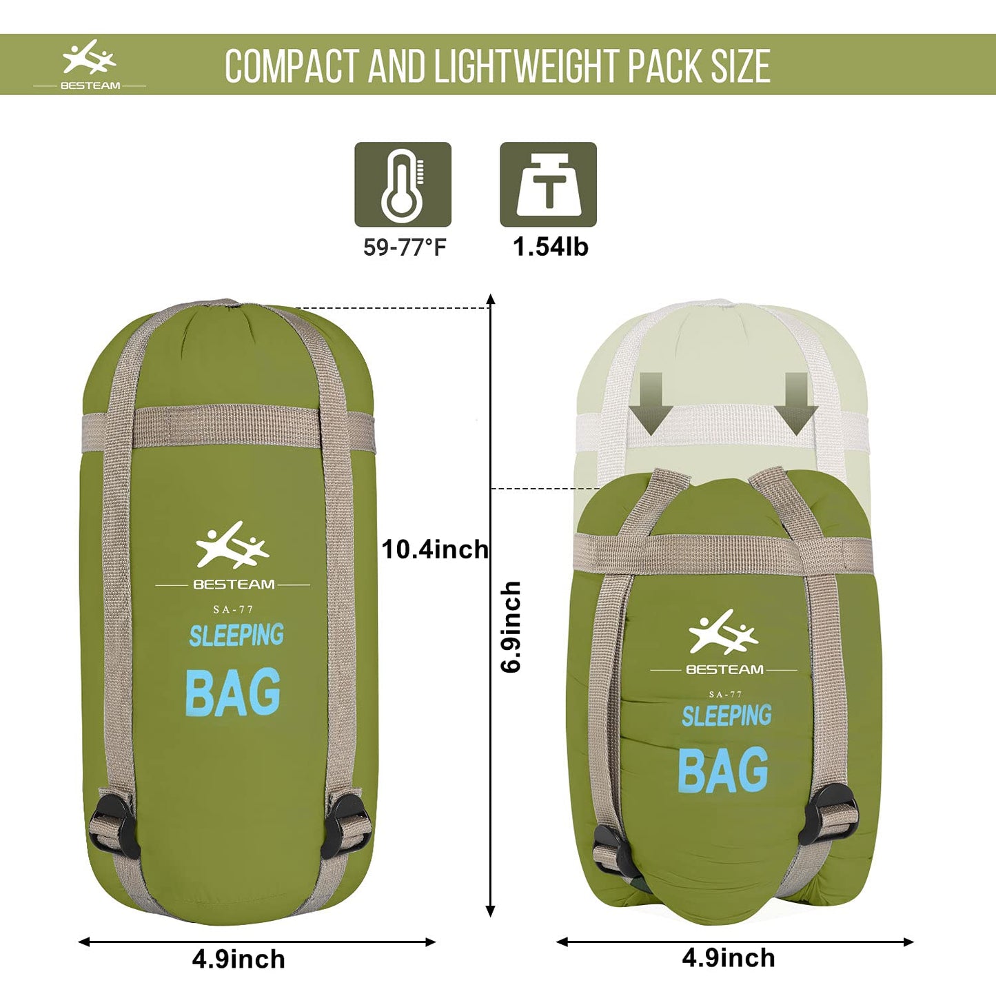 WERTYCITY Warm Weather Sleeping Bag - Portable Waterproof Compact Lightweight, Packable with Compression Sack for Kids Teens Adults Camping Backpacking Hiking, Spring Summer Fall(Army Green)