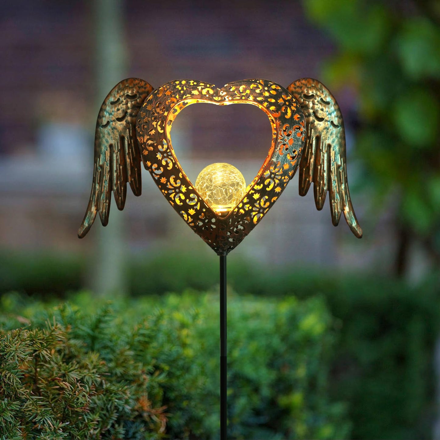 GOODME Solar Garden Lights Waterproof Metal Solar Warm White LED Stake Light Memorial Gift Metal Stakes Lights Crackle Glass Light for Lawn, Pathway, Patio Decor (Heart-Wing)
