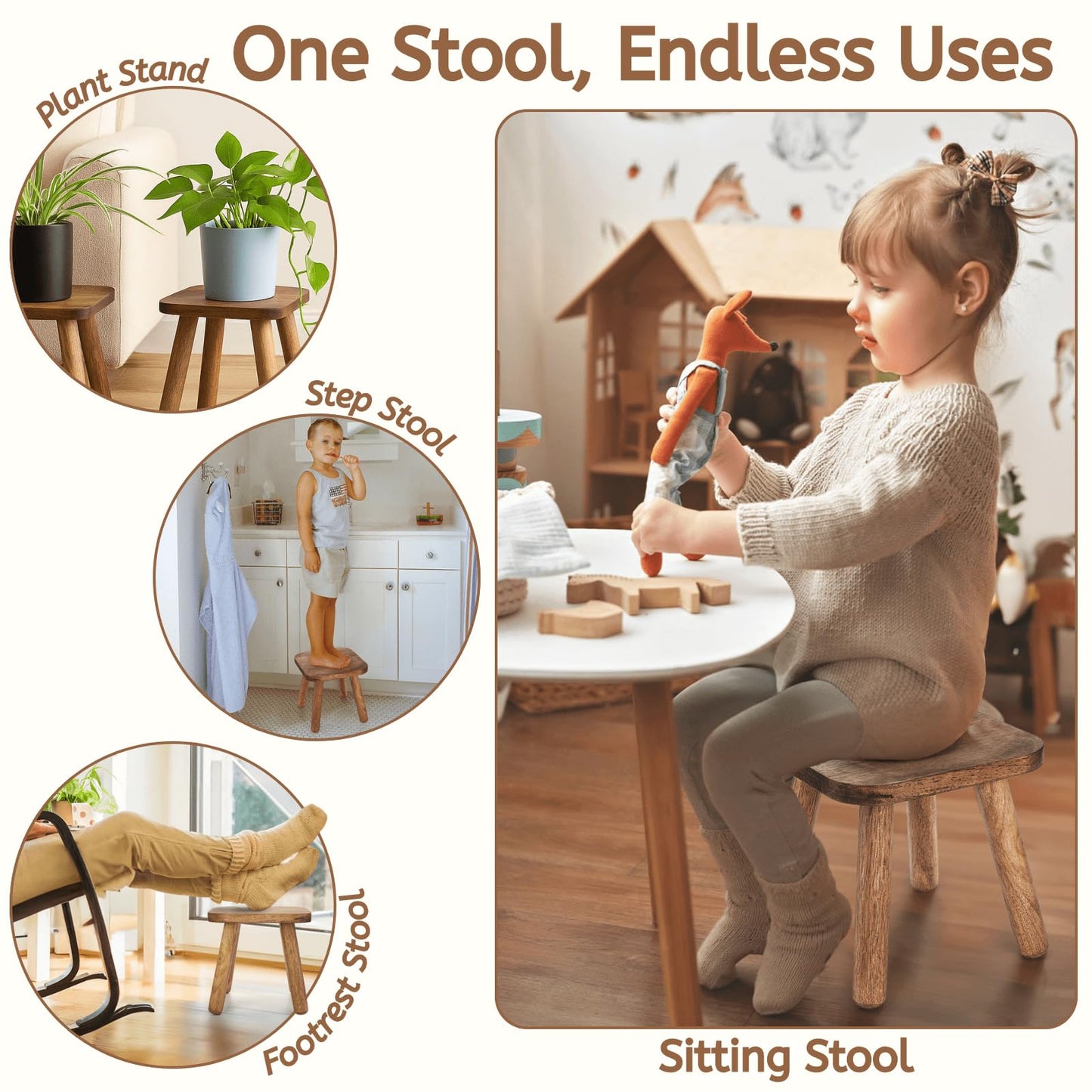 Youeon 9 Inch Small Wooden Step Stool, Non-Slip One Step Stool for Adults, Holds up to 300 Lbs, Portable & Sturdy, Footstool for Bedroom, Bathroom, Kitchen, Easy to Assemble