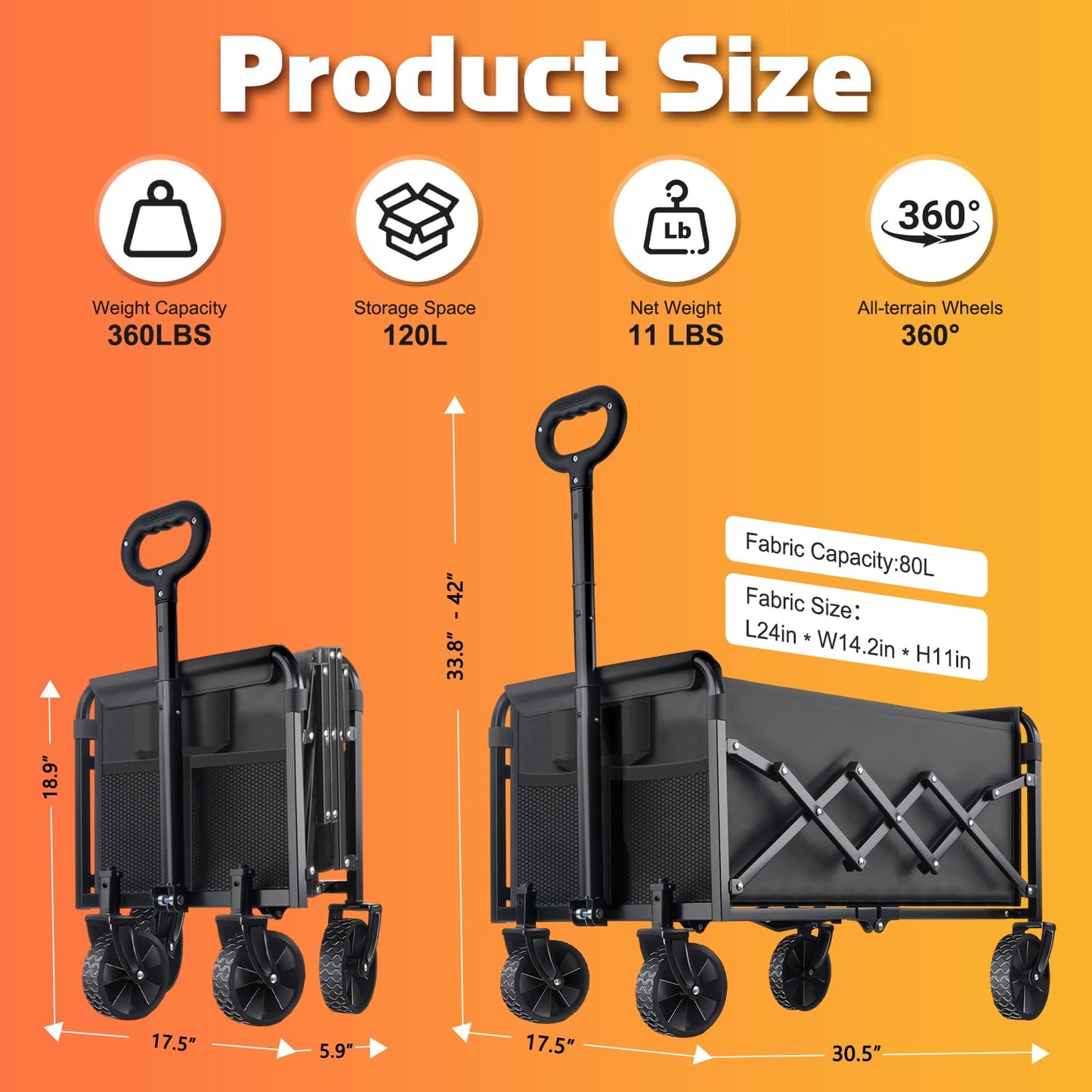 Collapsible Foldable Wagon Cart with Wheels - 360LBS Heavy Duty Folding Wagon Carts, Portable Lightweight Utility Wagon with All-Terrain Wheels & 2 Cup Holders, Grocery/Beach/Sports/Shopping/Black