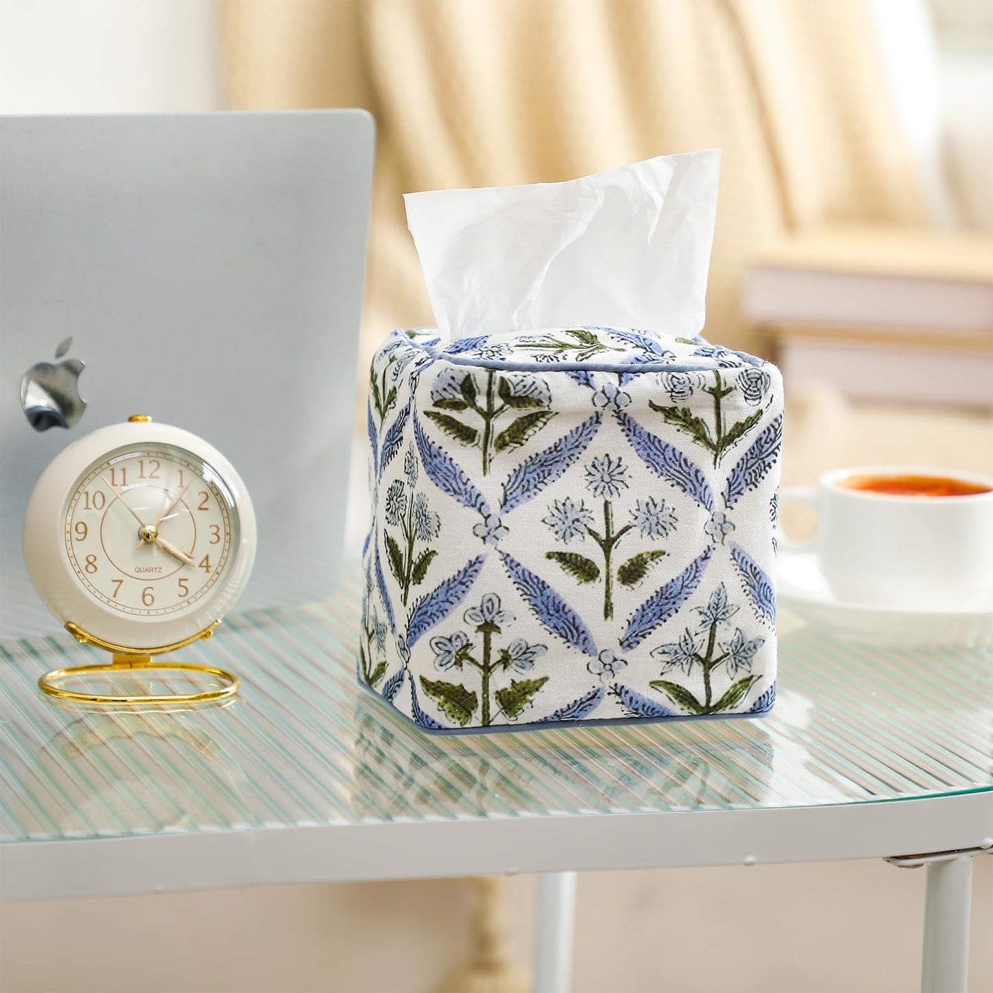 Mimorou Blue Fabric Tissue Box Cover - Floral Print Tissue Box & Decorative Square Napkin Holder Handmade Cotton for Home Bedroom Vanity Countertop Night Stands Office