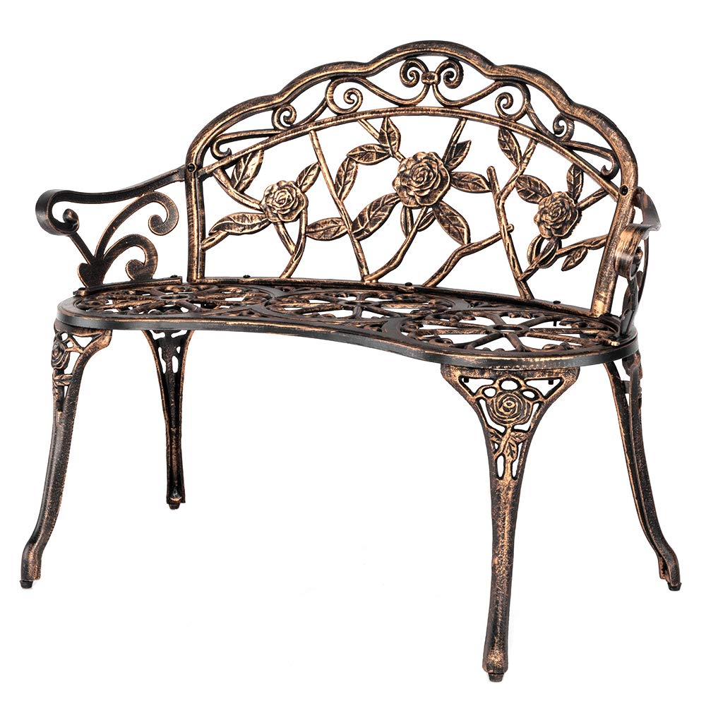 VINGLI 38.5" Patio Park Garden Outdoor Metal Rose Bench, 2-Person Cast Iron Cast Aluminium Frame Antique Finish Chair,Accented Lawn Front Porch Path Yard Decor Deck Furniture (Bronze, Rose)