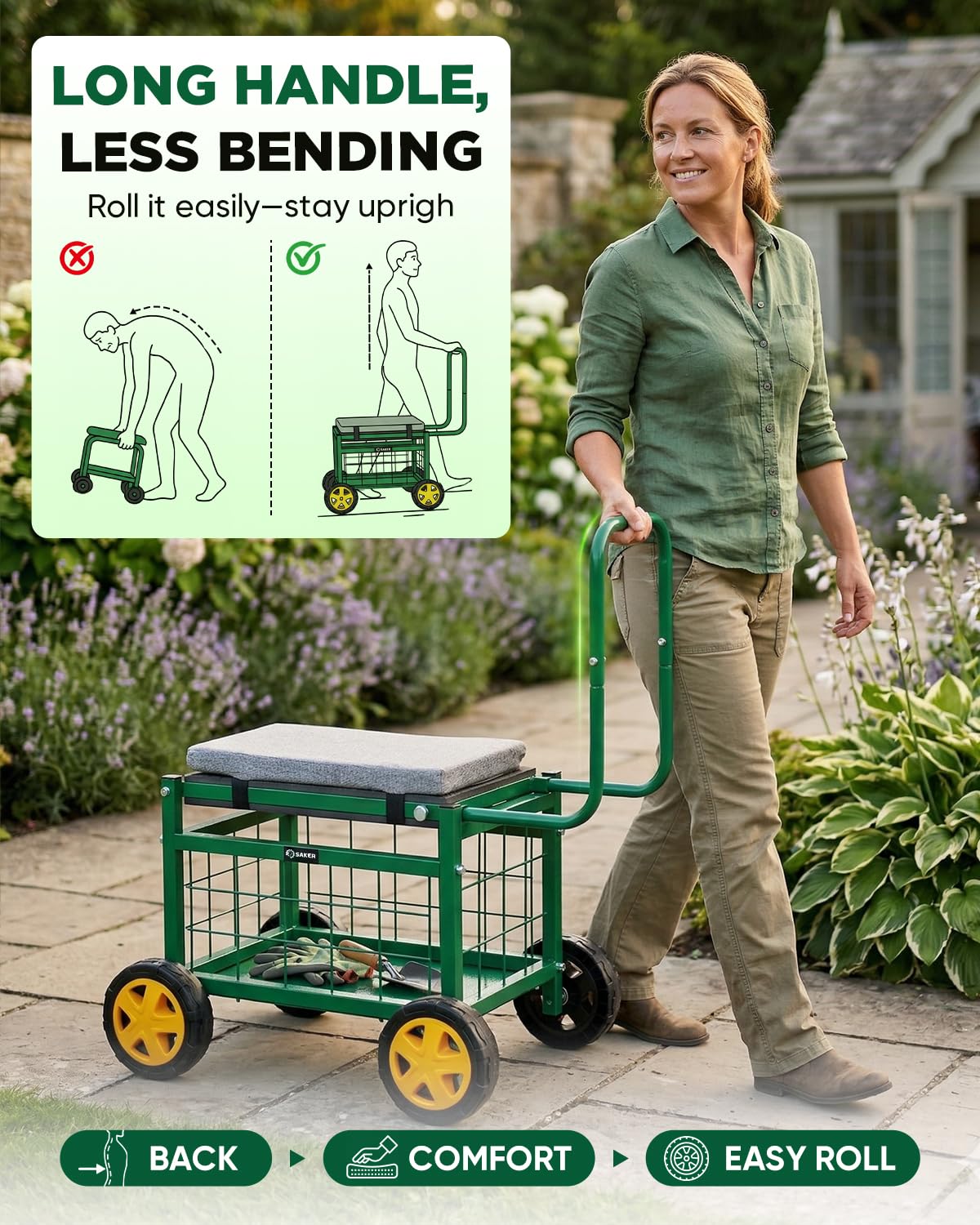Saker Rolling Garden Cart with Seat & Wheels - 15.7'' EVA Padded Rolling Stool, 500 lb Steel Frame, Large Storage Basket - Garden Wagon Workseat for Patio Lawn Yard (Basic Version)
