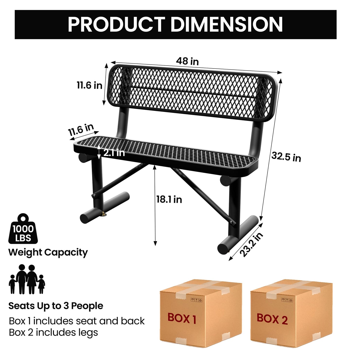 Sunnibety 4 Feet Heavy Duty Metal Park Bench for Outside, Outdoor Bench with Backrest & Portable Frame, Commercial Benches for Shopping Malls, Stores, Parks, Patios, Decks, Black
