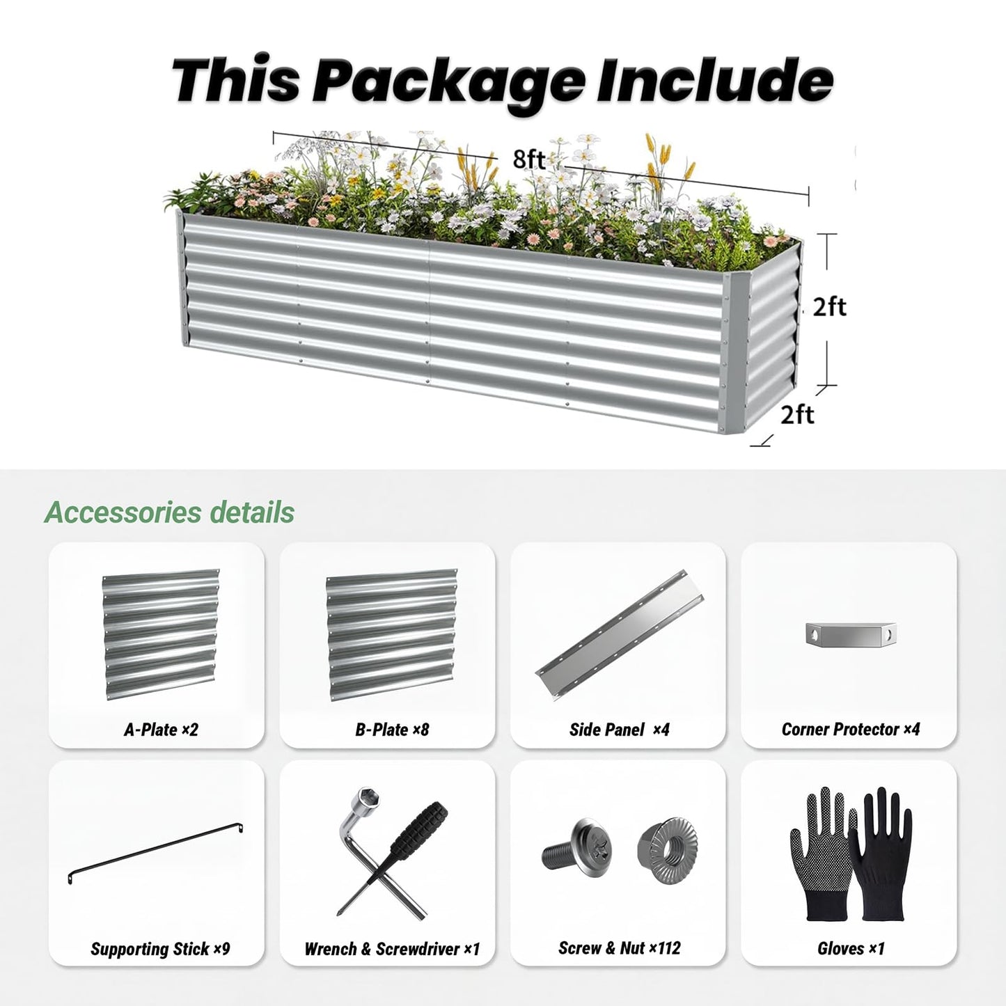 Reachible 8x2x2FT Galvanized Raised Garden Beds Outdoor,Planter Raised Beds for Gardening, Vegetables, Flowers,Large Metal Garden Box,Deep Plant Flower pots Outdoor (Galvanized, 1Pack)