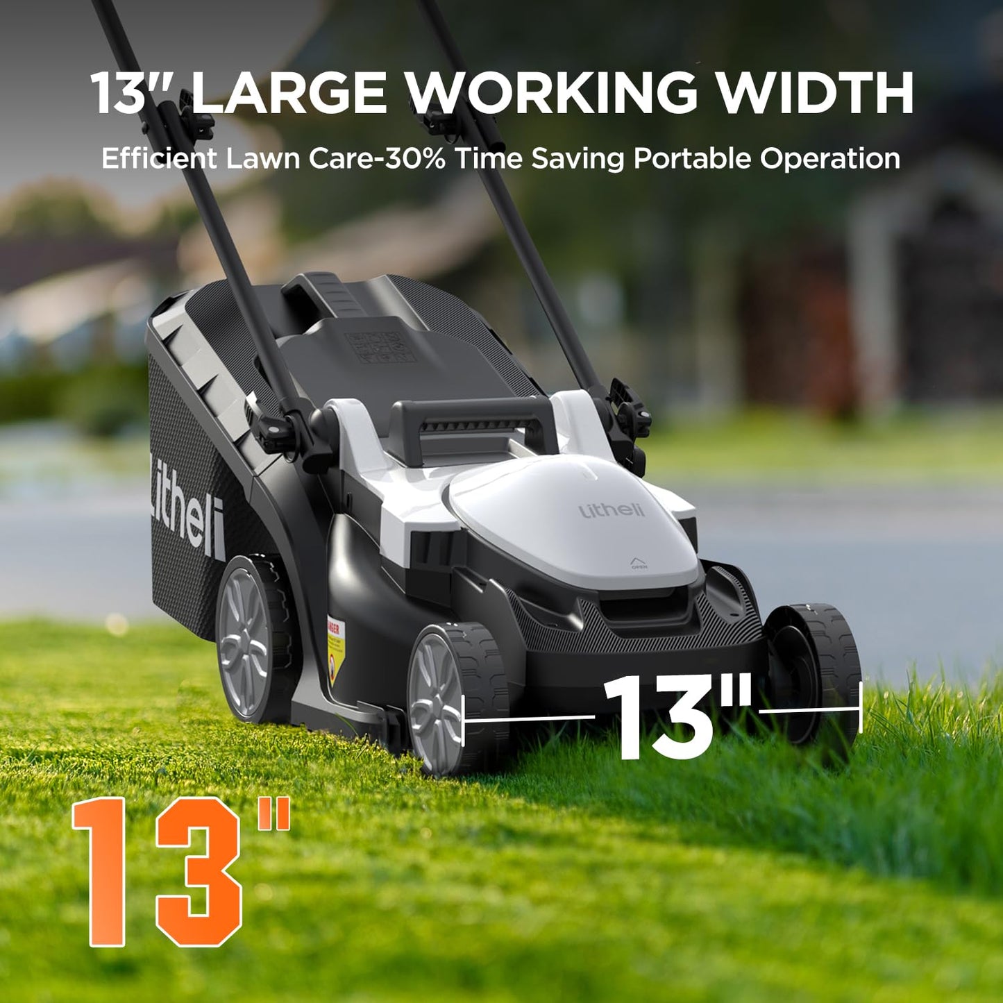 Litheli 13.2inch Electric Lawn Mower Cordless,Grass Cutter Machine for 1600 Sq.Ft.Lawnmower with Brushless Motor, 8 Gallon Capacity, Cutting Height from 1 to 2.5 in, Includes 1 4.0 Ah Battery