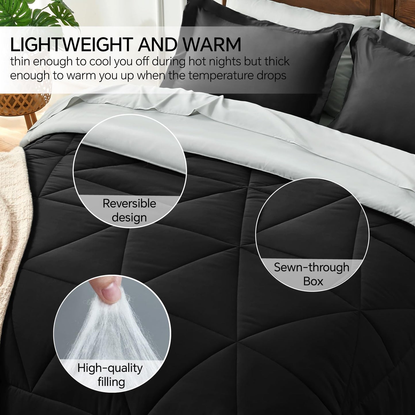 BEDELITE Queen Comforter Set 7 Pieces Bed in A Bag - Soft Microfiber Reversible Black Bed Set with Comforters, Sheets, Pillowcases & Shams, Cozy Luxury Bedding Sets for All Season