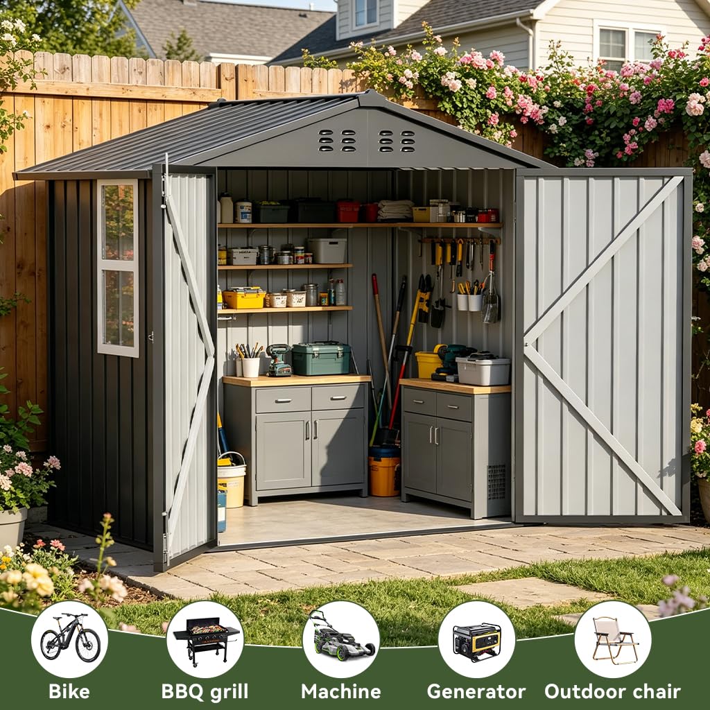 COMHOMA Outdoor Storage Shed with Window,Metal Lockable Garden Toolhouse, Ventilated Weather-Resistant Backyard Utility Workshop for Storage(Light Grey,6x4ft)