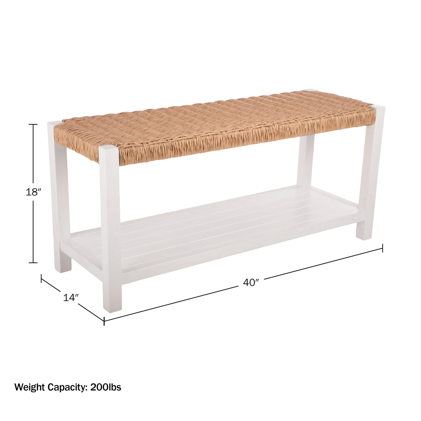 Alaterre Furniture Bench with Handcrafted Woven Rope Seat - Newport Collection 40-Inch Wood Bench with Storage Shelf for Entryway or Hallway - Indoor Furniture (White)