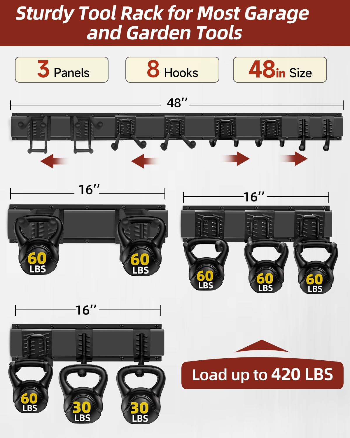 LRYXEG 48-Inch Garage Storage Tool Organizer with 8 Hooks - Heavy Duty Metal Rack for Garage Organization, Garden Tool Organizer - Wall Mounted Tool Hanger for Shovels, Ladders, Lawn Tools
