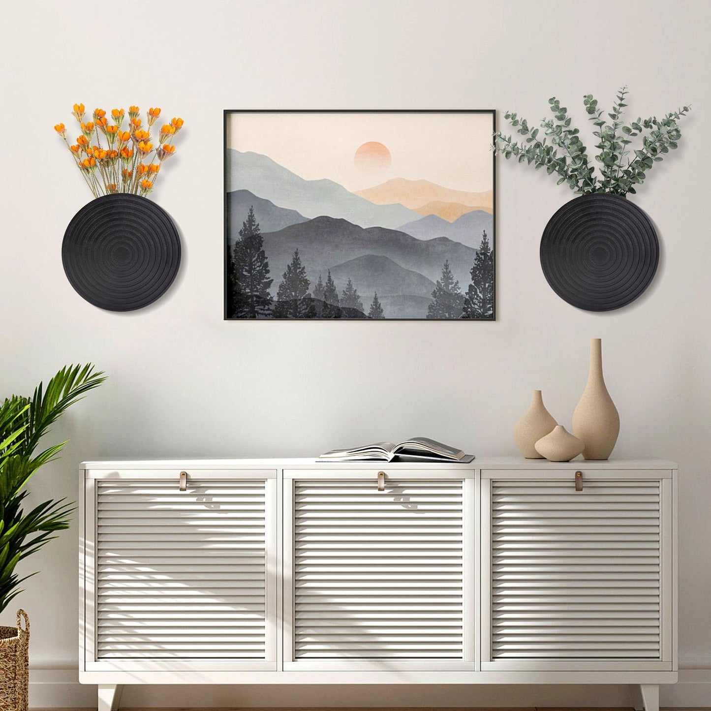 Set of 2 Wall Planter for Indoor Plants, Boho Wall Decor for Living Room, Bathroom,Hanging Planter for Artificial Flower Plants(Black)