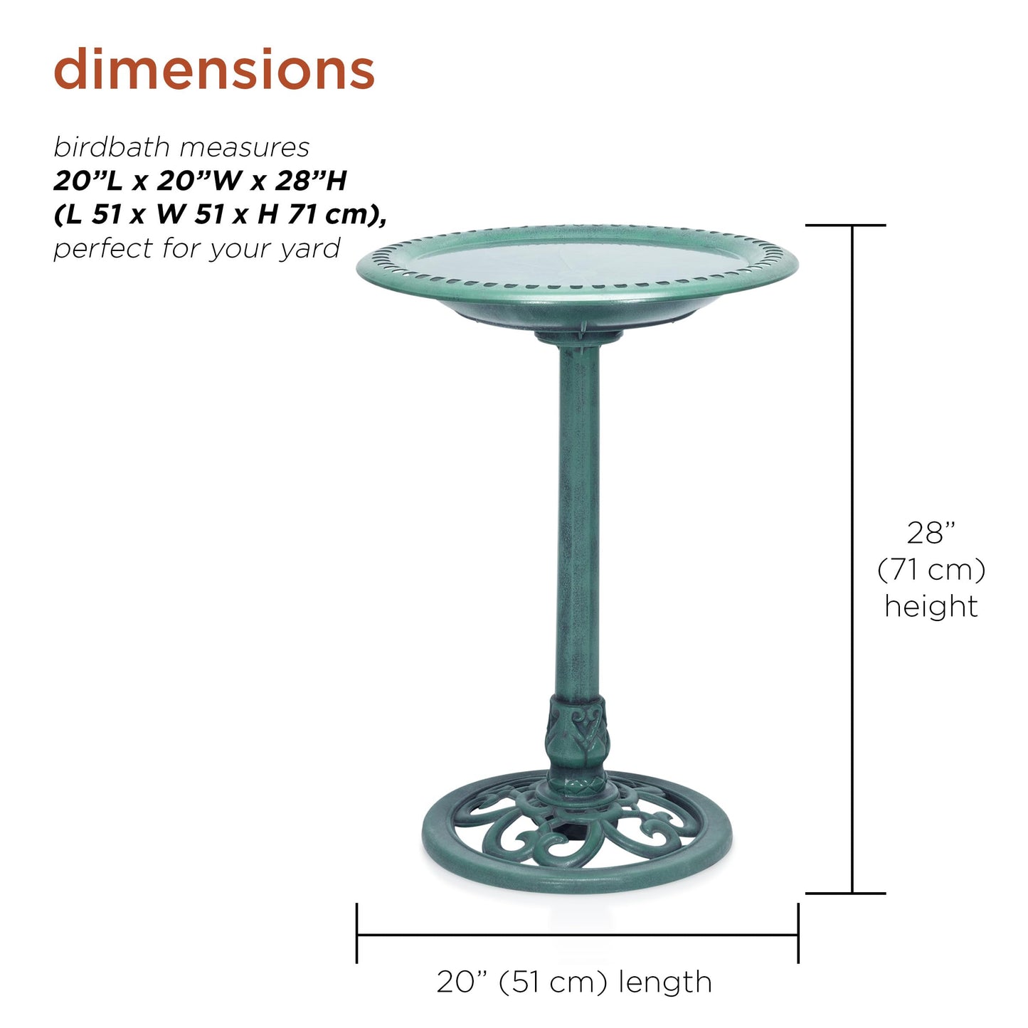 Alpine Corporation TEC116 Outdoor Aged Green Pedestal Birdbath with Scrollwork, 28" Tall, Green