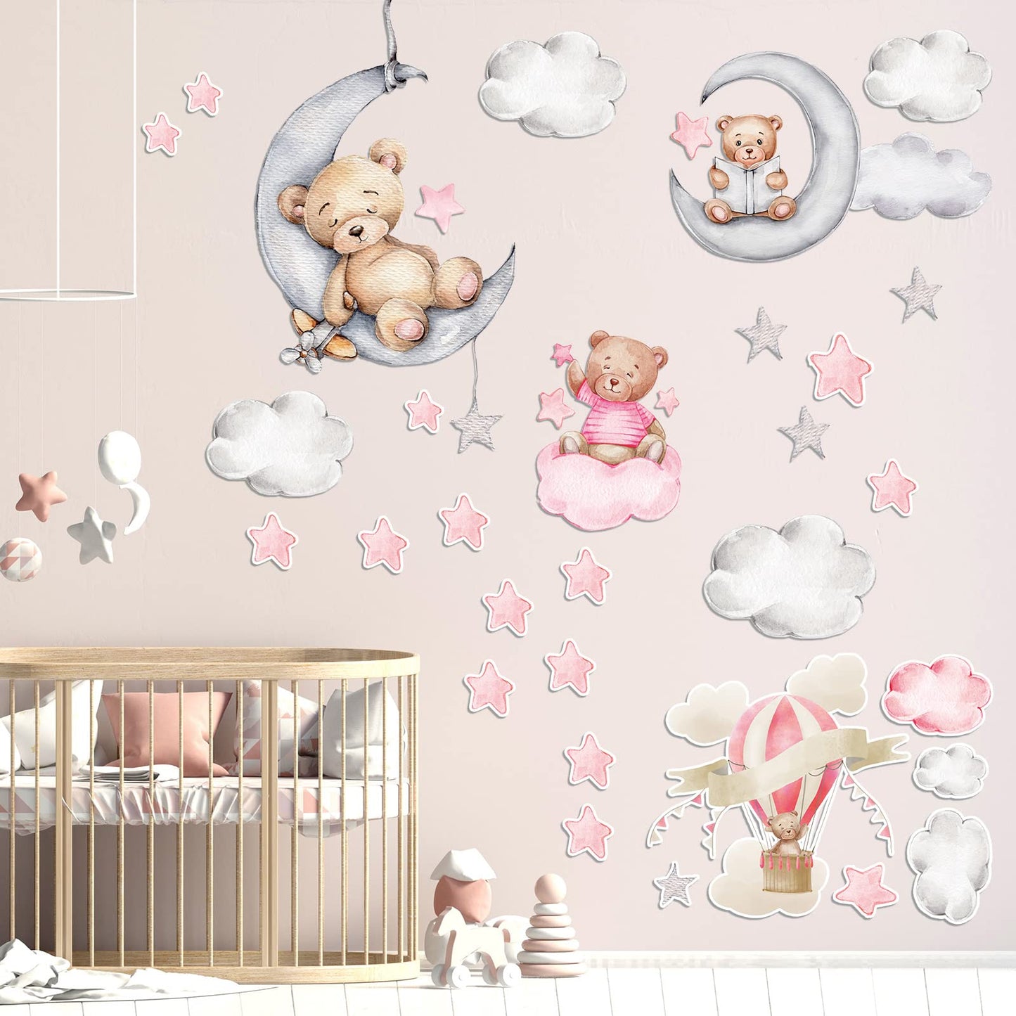 Yinder Pink Bear Wall Decals (12 Sheets, 78 Pcs) - Highland Cow, Clouds, Balloon Decor for Kids Nursery Room, Bedroom, Living Room, Classroom Decor