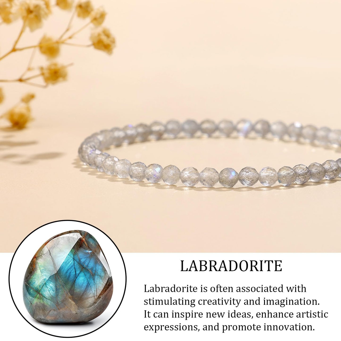 GolbalJew Natural Gemstone Beads Bracelets Healing Crystal Stone Beaded Bracelet for Women Men Handmade Spiritual Jewelry Gifts, 4mm Labradorite Faceted Round Beads