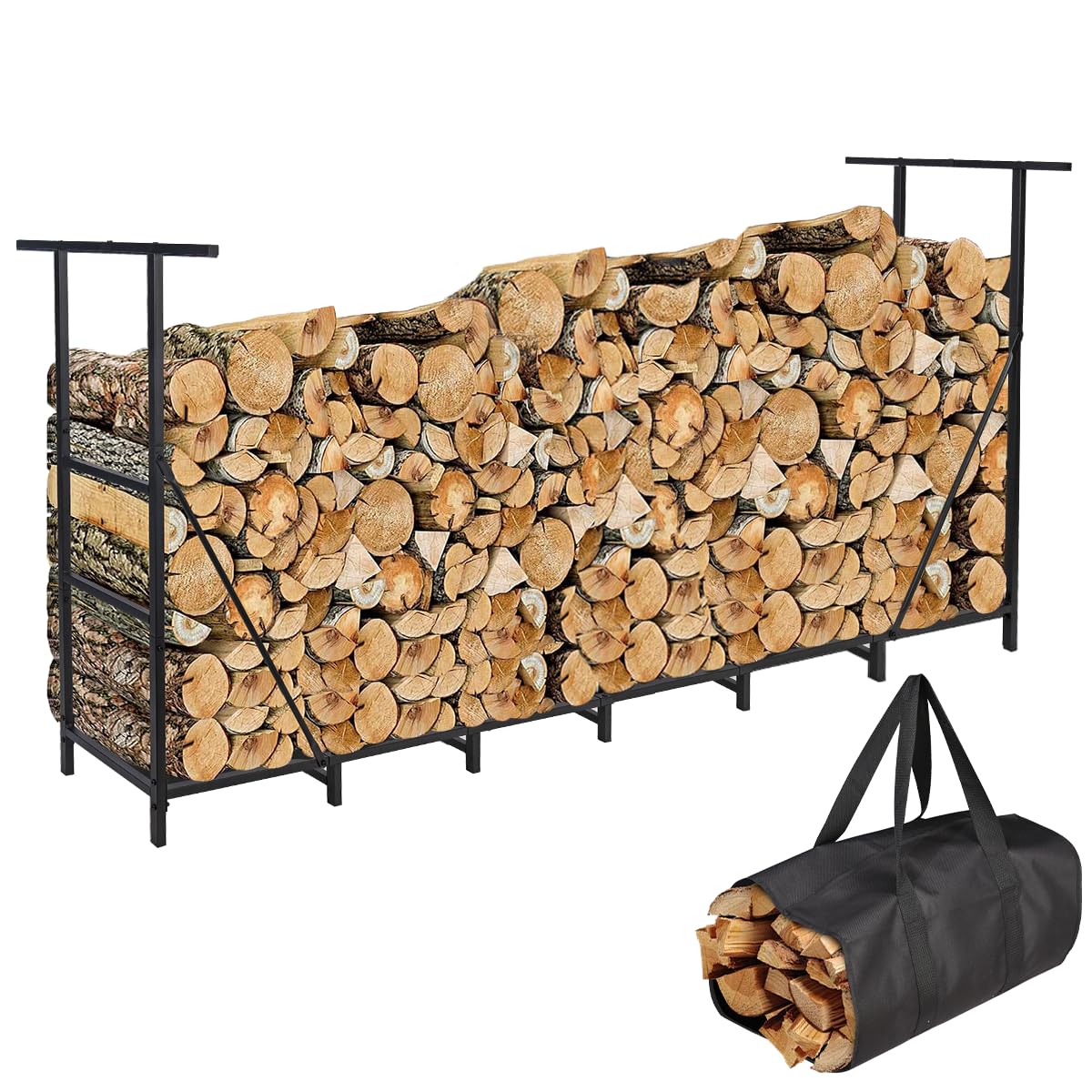 Vailge Firewood Rack Outdoor 8FT with Waterproof Firewood Carrier Bag, Adjustable Heavy Duty Steel Firewood Holder Storage, Log Rack for Fireplace, Fire Pit, Backyard, Camping
