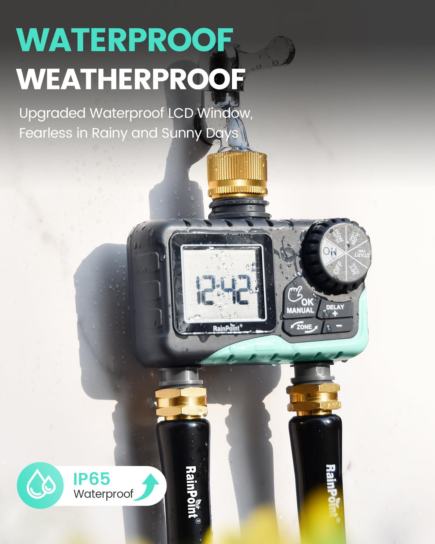 RAINPOINT Sprinkler Timer 2 Outlet, Water Timer for Garden Hose, for Yard Outdoor Watering, Rain Delay/Manual/Automatic System Controller Brass Inlet, V2