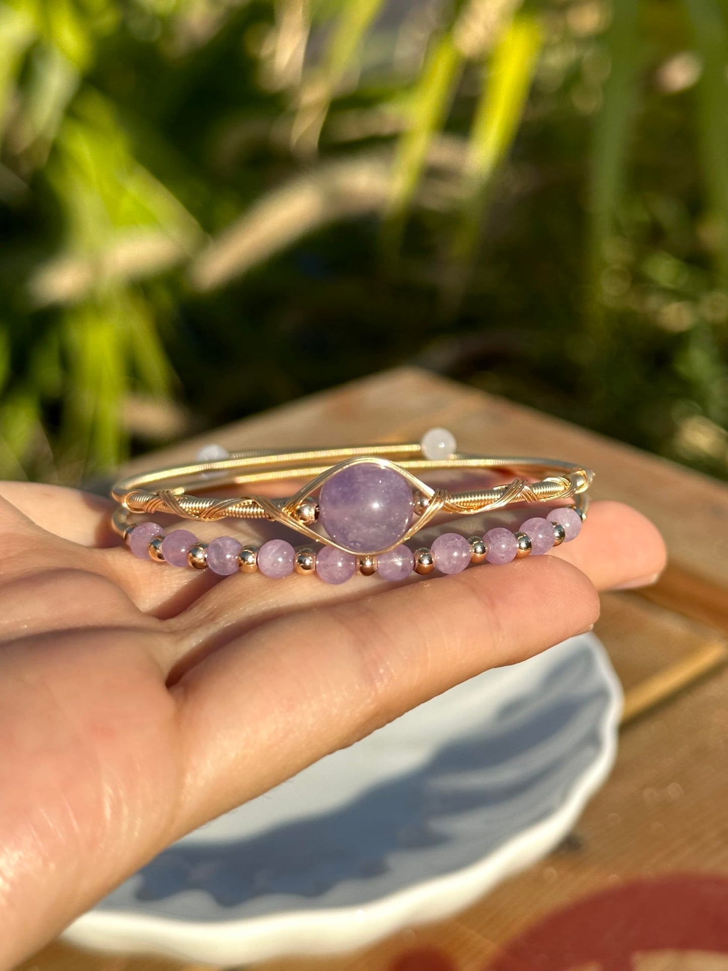 Handmade Genuine Lavender Amethyst Double Layered 14k Gold Filled Wire Wrapped Bracelet, Birthstone Chakra Healing Crystal Chips Adjustable Bangle Cuff Jewelry Gift for Women Men