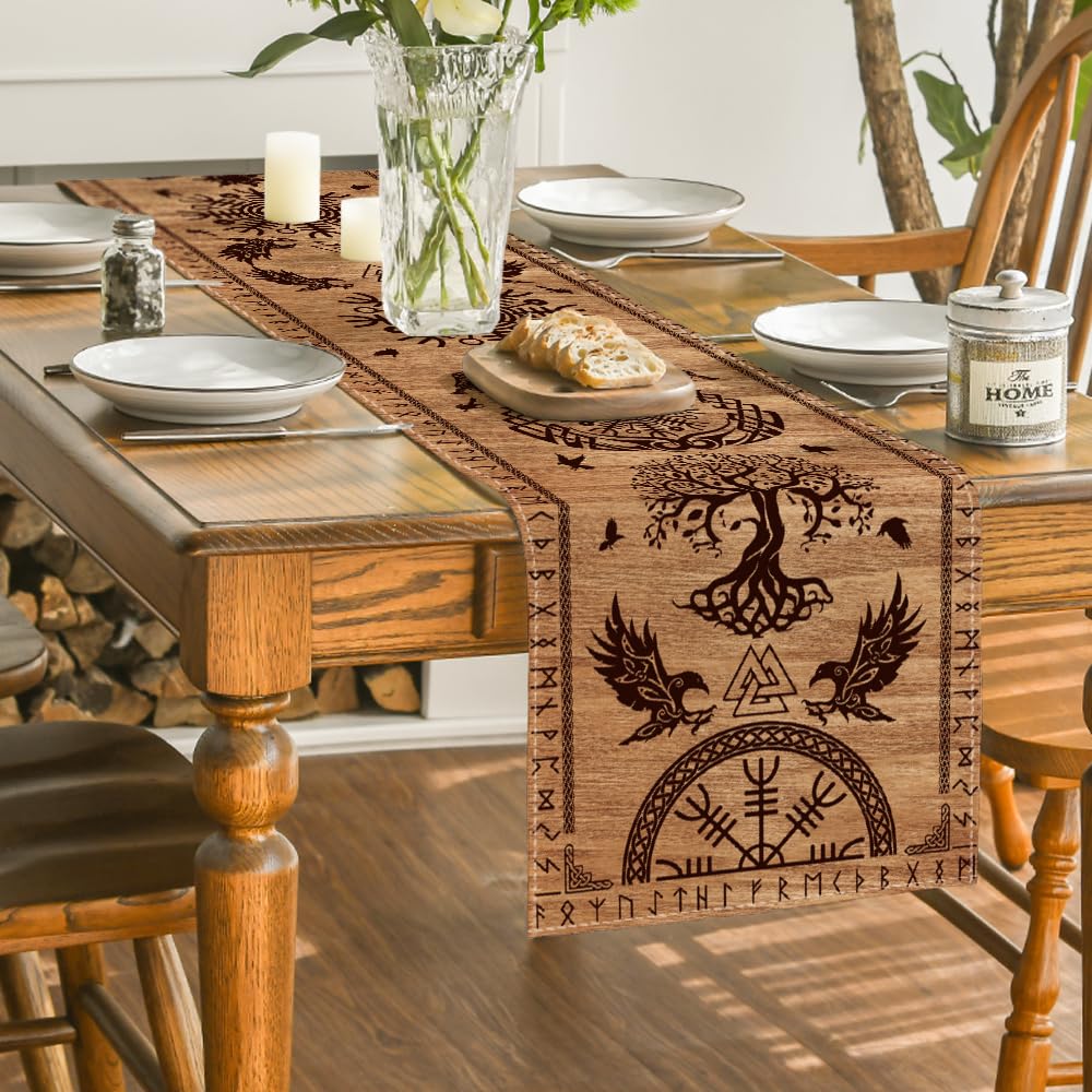 Artoid Mode Wood Viking Tree of Life Raven Helmet of Awe Table Runner, Seasonal Kitchen Dining Table Decoration for Home Party Decor 13x72 Inch