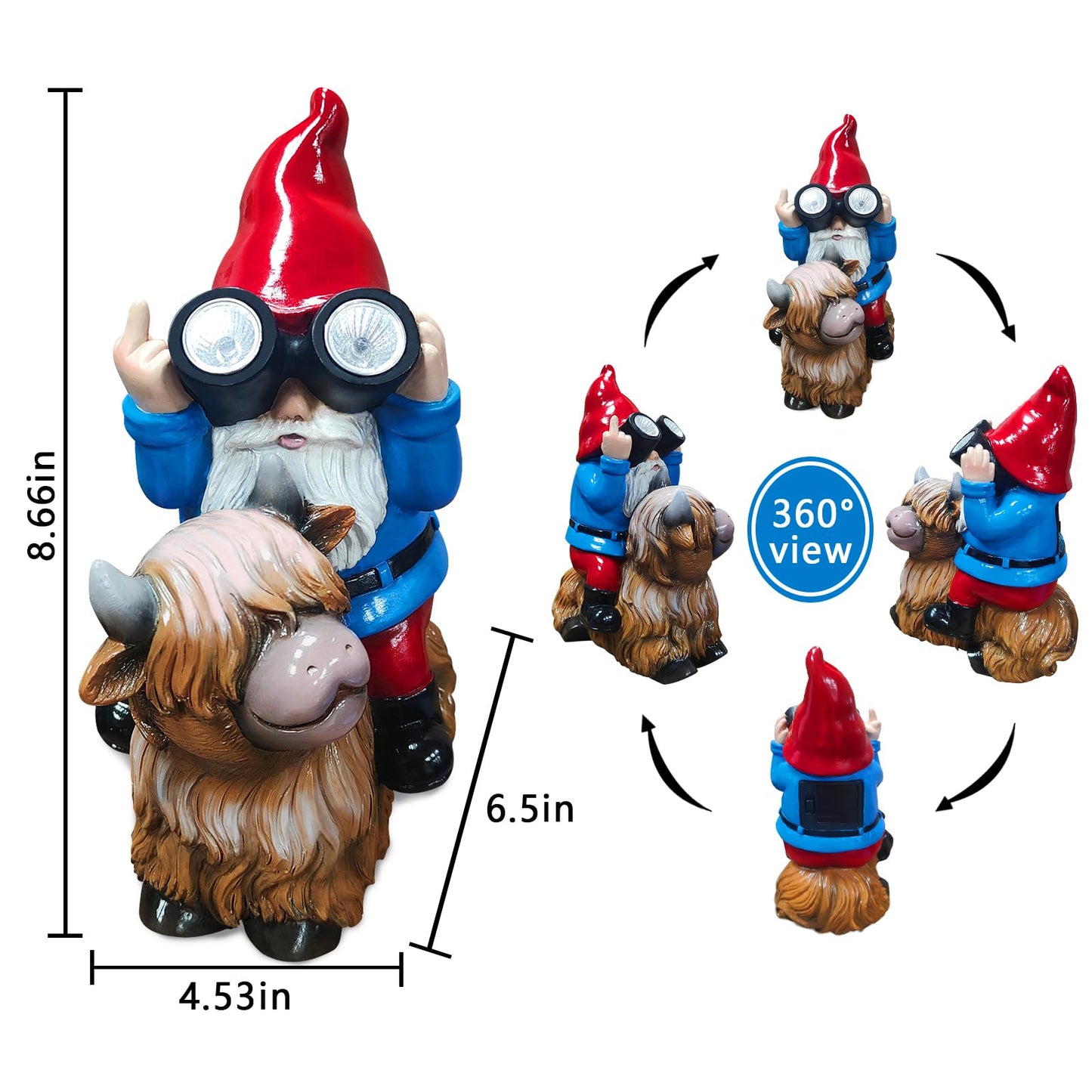 Vovkokc Christmas Gnome Decorations Statue - Garden Gnomes Solar LED Telescope Lights Sitting on Highland Cow Outdoor Patio Lawn Yard Balcony Home Decor Gnomes Gifts for Women Mom
