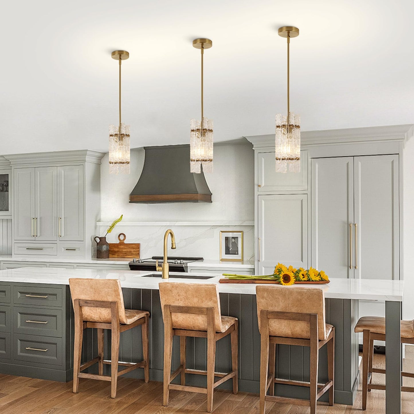 Modern Crystal Pendant Light for Kitchen Island, Gold Luxury Mini Water Ripple Glass Chandelier Lights Fixture, Modern square Adjustable Hanging Pendant Lighting for Dining Room Bedroom (3-Pack)